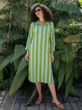 Lime Green & Sky Blue Striped Cotton Shirt Dress