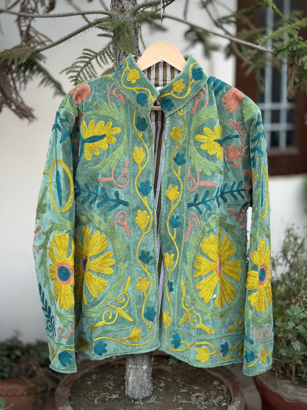 Sage Green Floral Embroidered Velvet Jacket