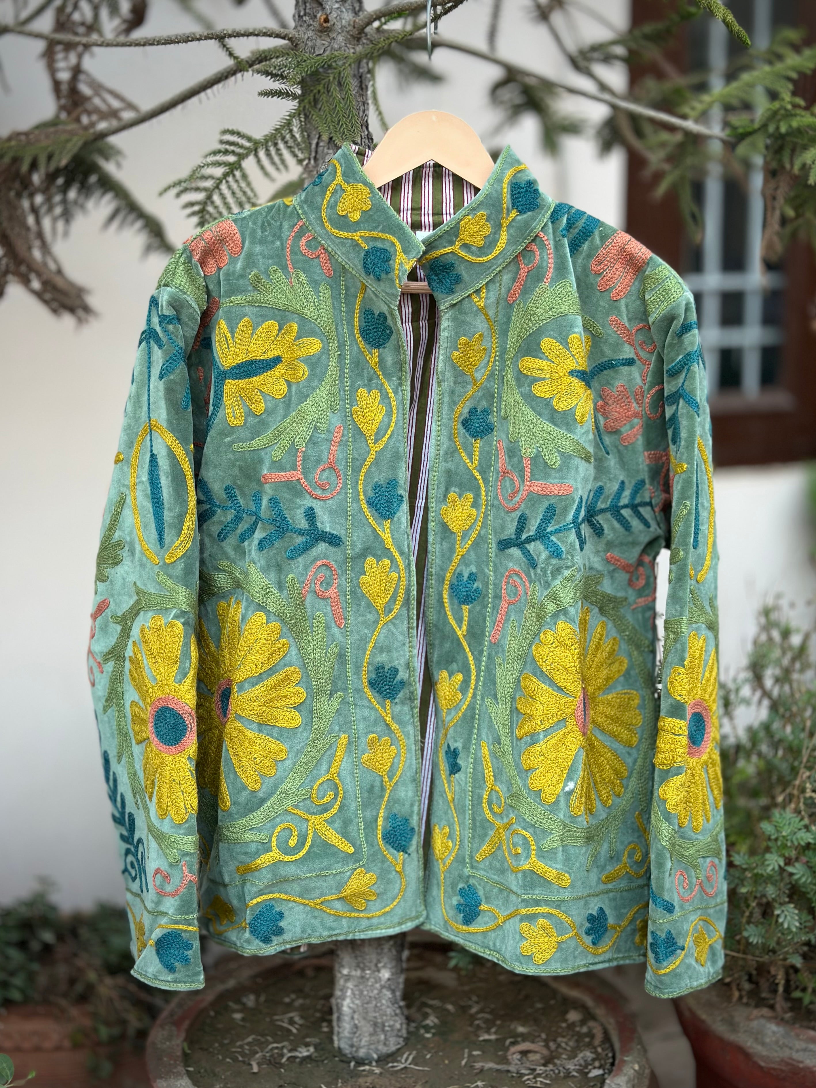 Sage Green Floral Embroidered Velvet Jacket