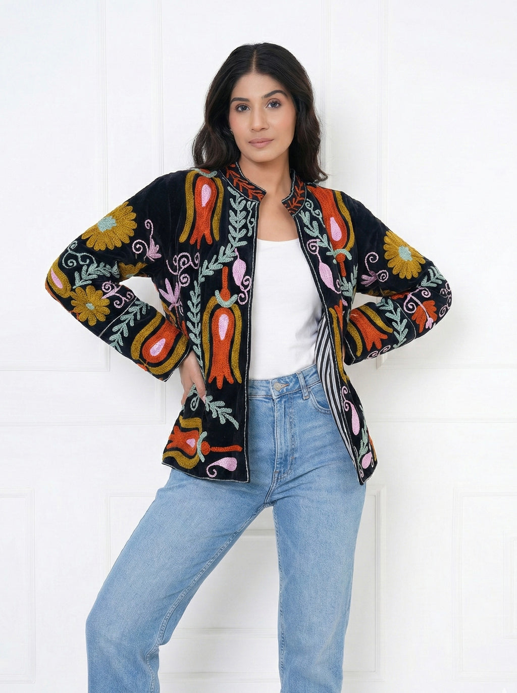 Black Floral Embroidered Velvet Jacket