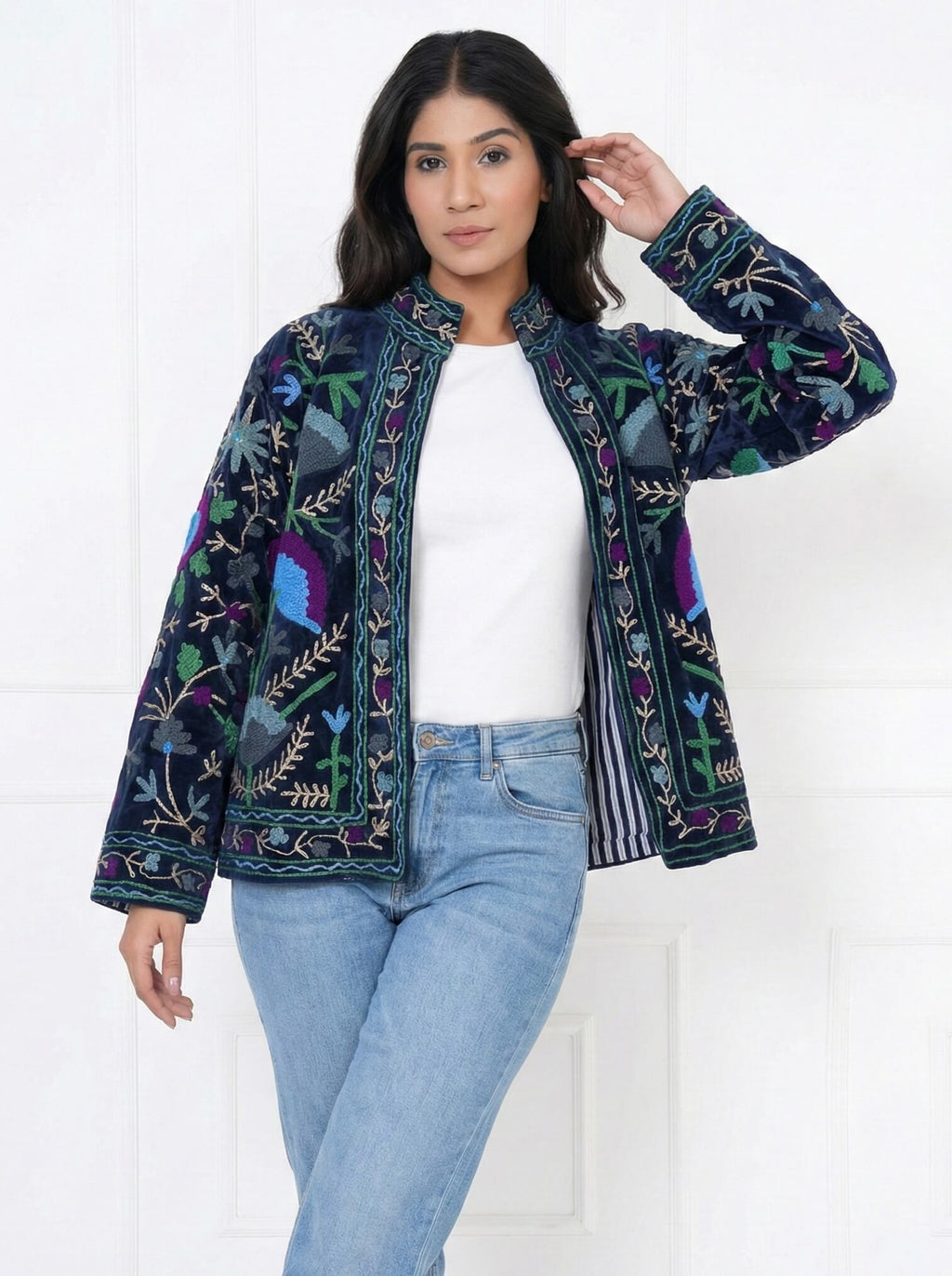 Navy Blue Embroidered Velvet Jacket