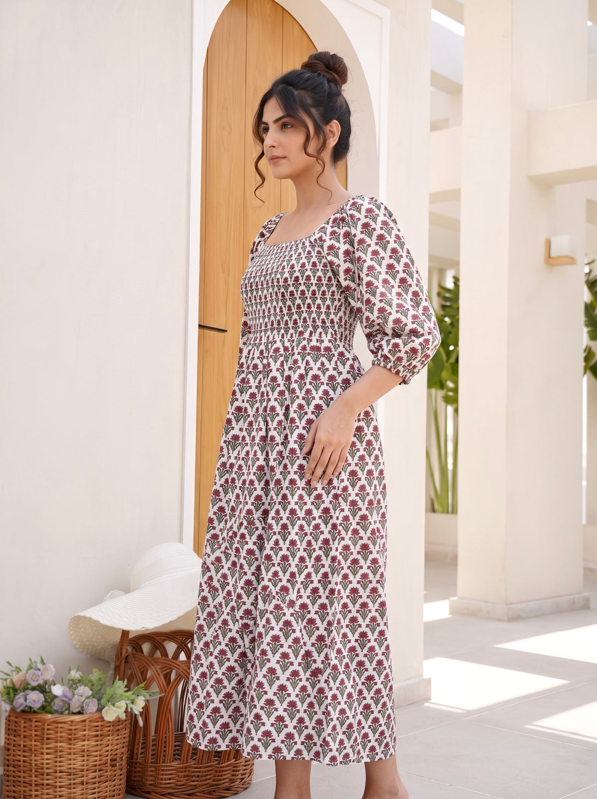 Maroon Meadow Smocked Midi Dress