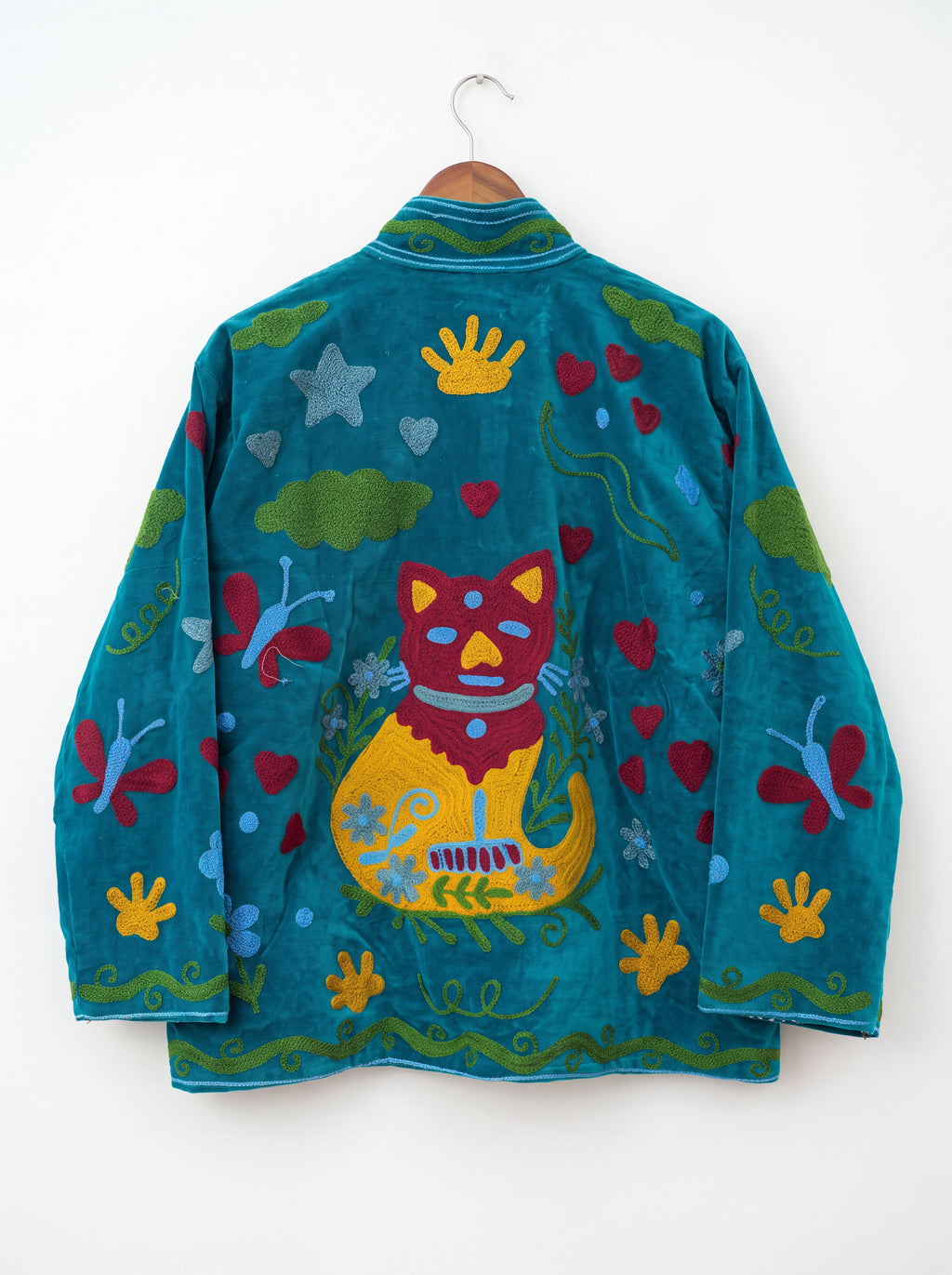 Teal Meow Embroidered Velvet Suzani Jacket