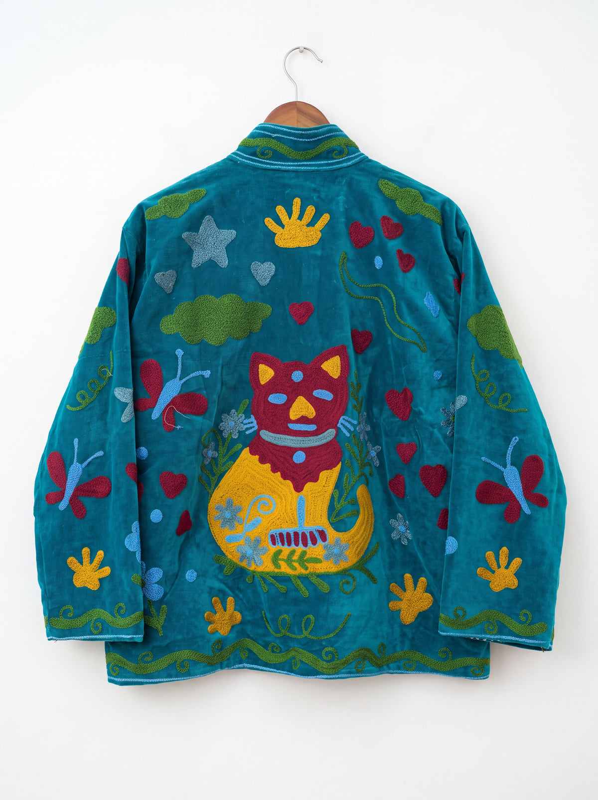 Teal Meow Embroidered Velvet Suzani Jacket