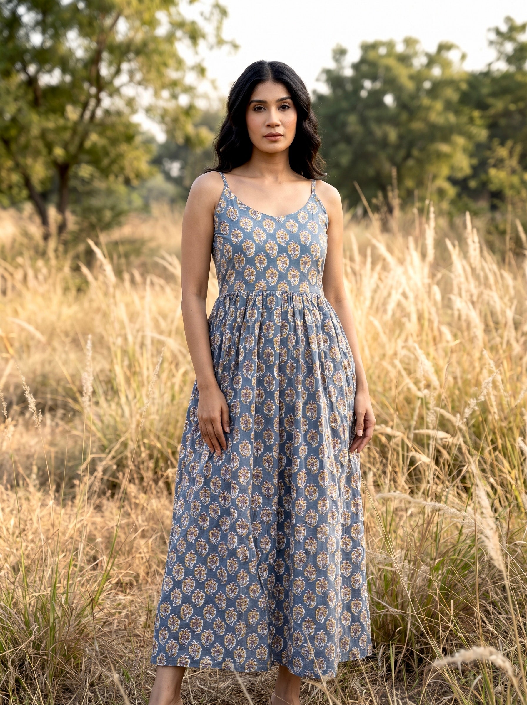 Blue Floral Cotton Maxi Dress