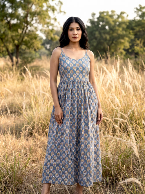 Blue Floral Cotton Maxi Dress
