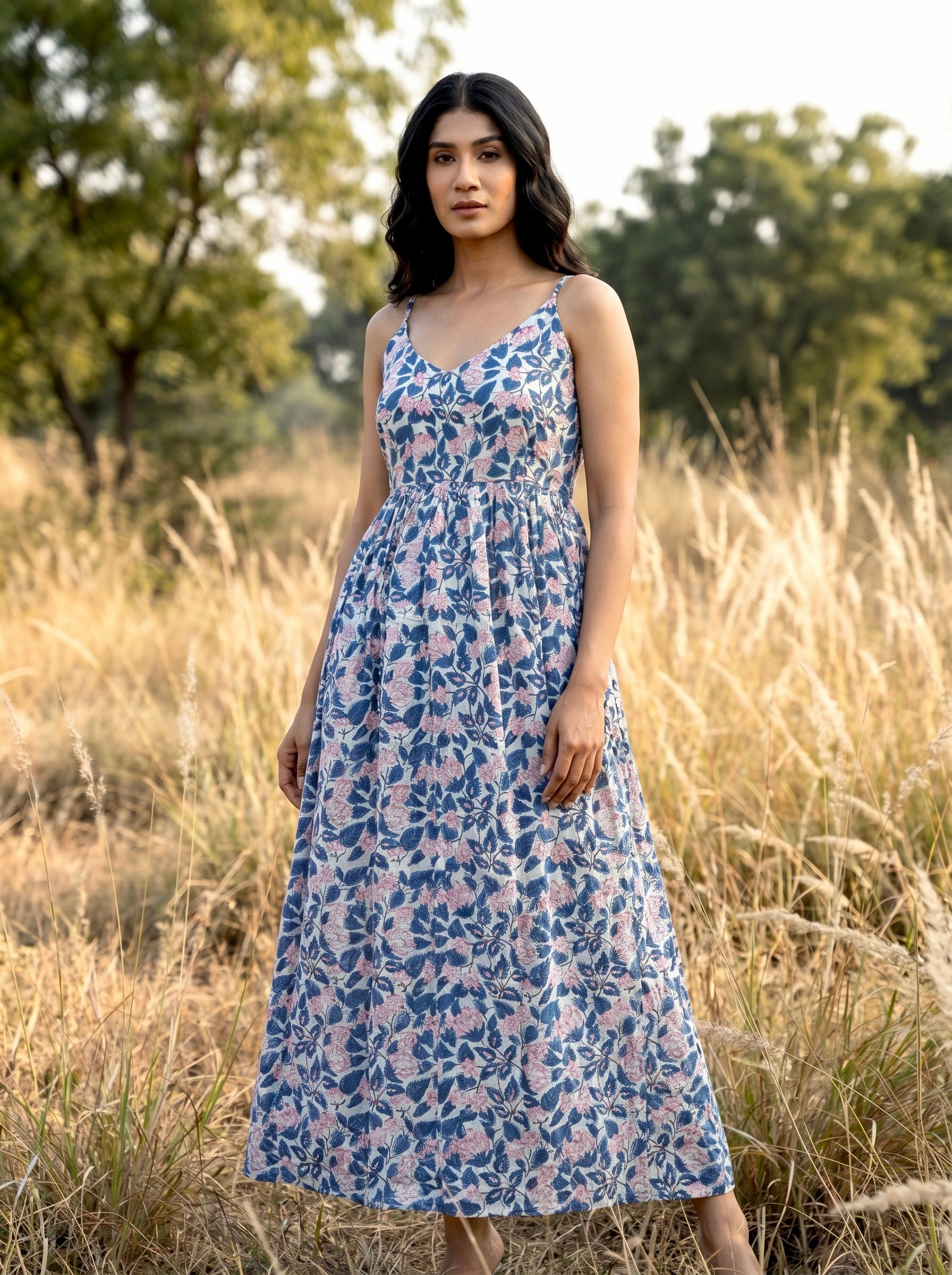 Blue Meadow Floral Cotton Maxi Dress
