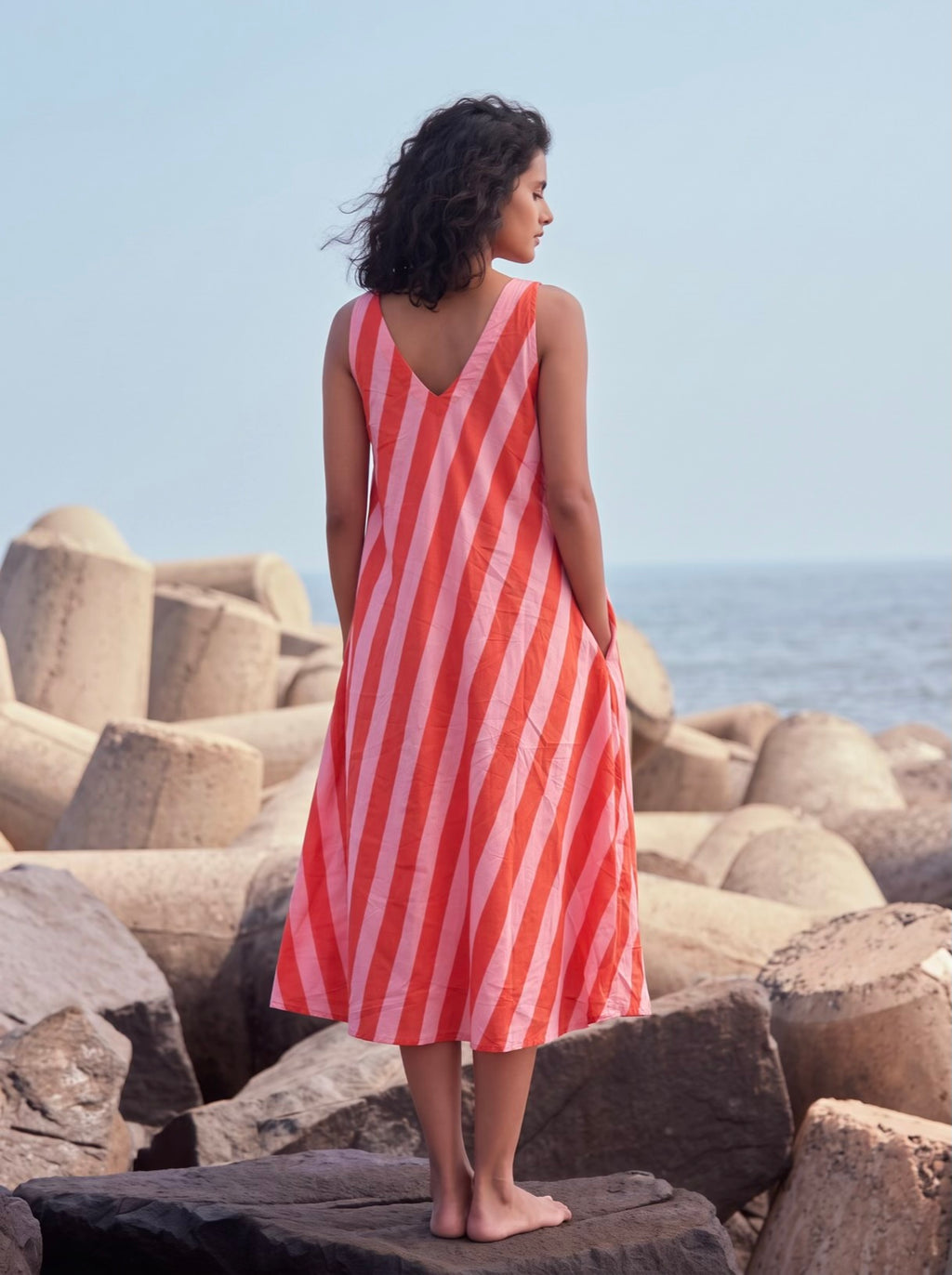 Coral Breeze Striped Midi Dress