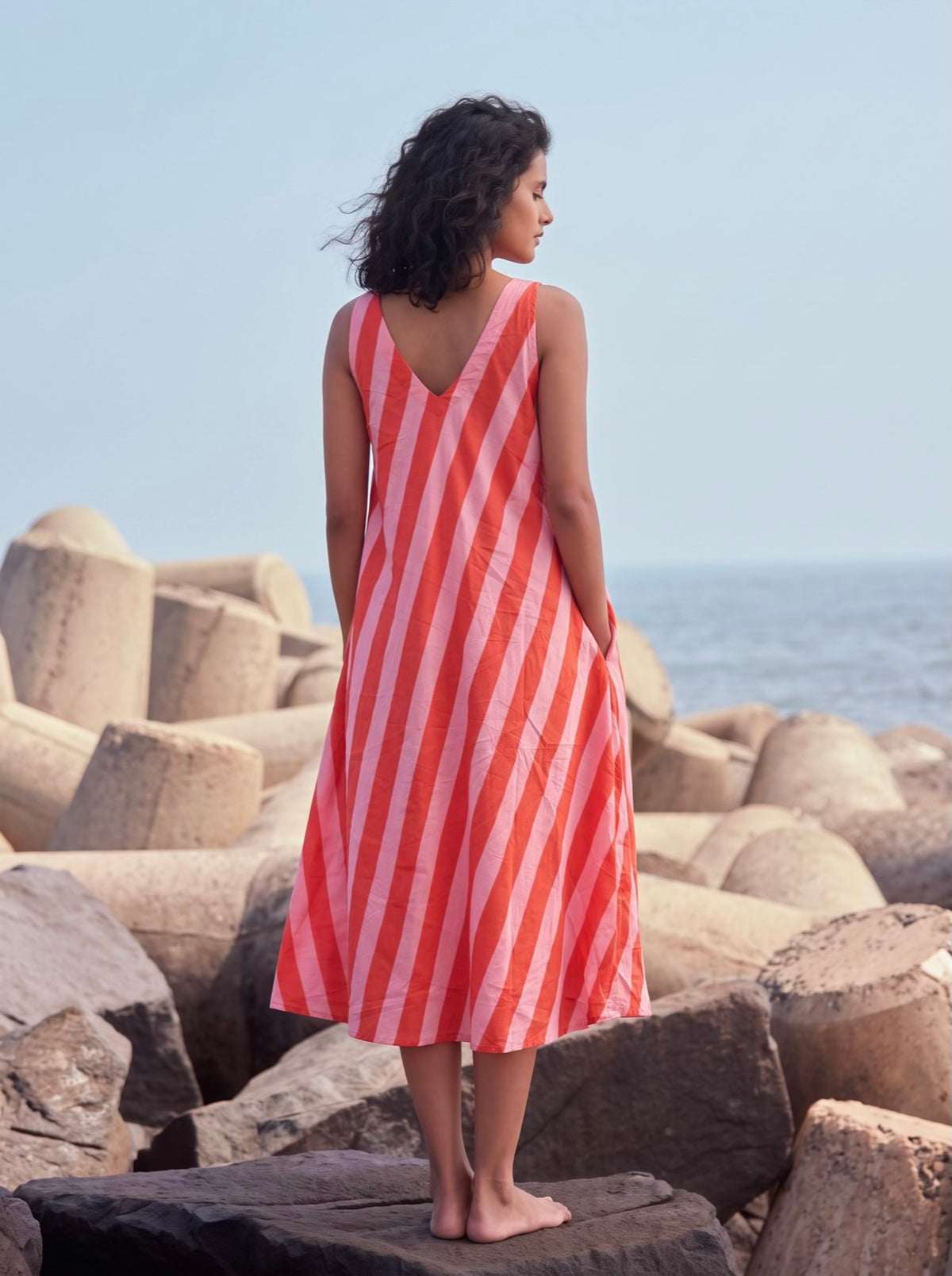 Coral Breeze Striped Midi Dress