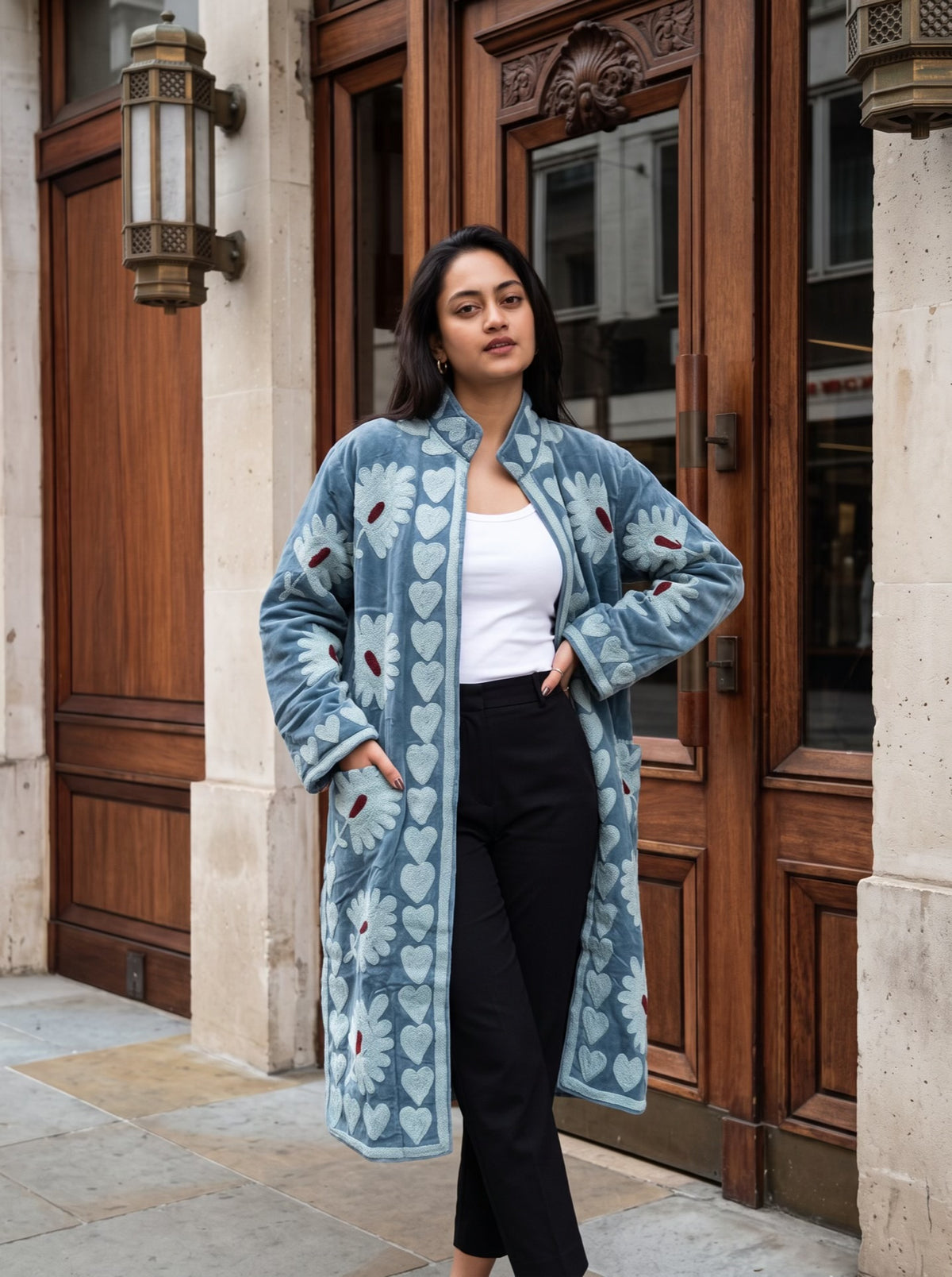 Powder Blue Suzani Velvet Long Jacket
