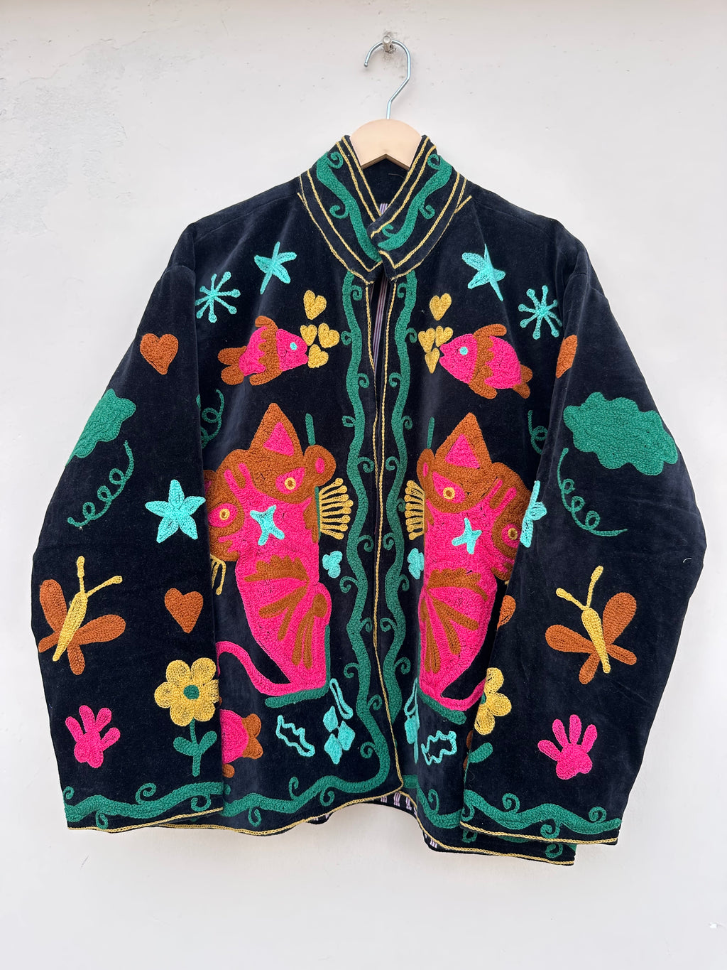 Meow Black Velvet Embroidered Jacket