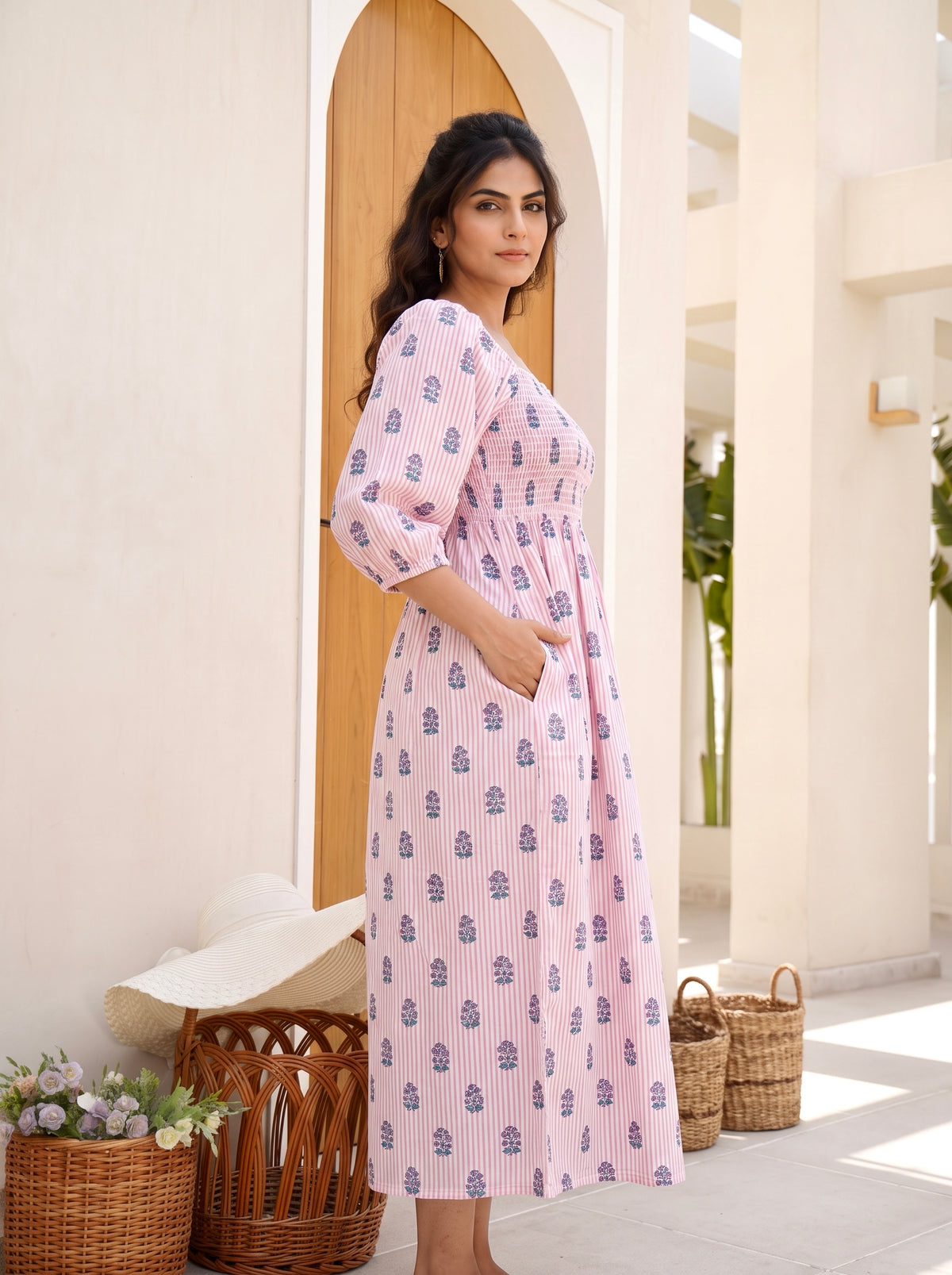 Rosewater Stripe Smocked Midi Dress