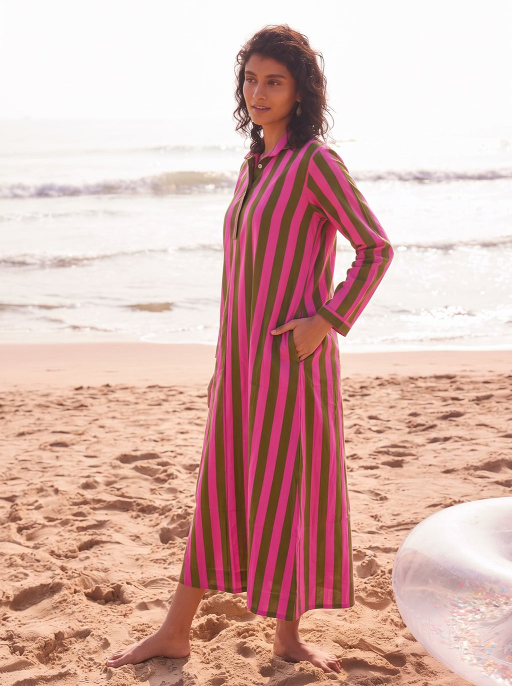 Pink Olive Stripe Shirt Dress