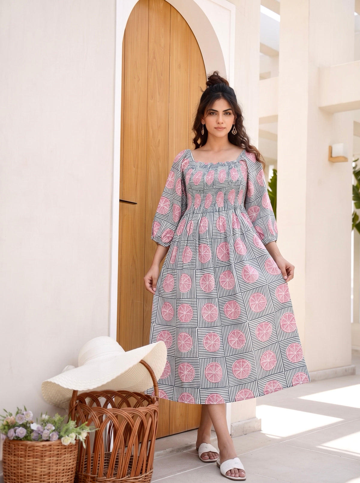 Lemon Blush Smocked Midi Dress