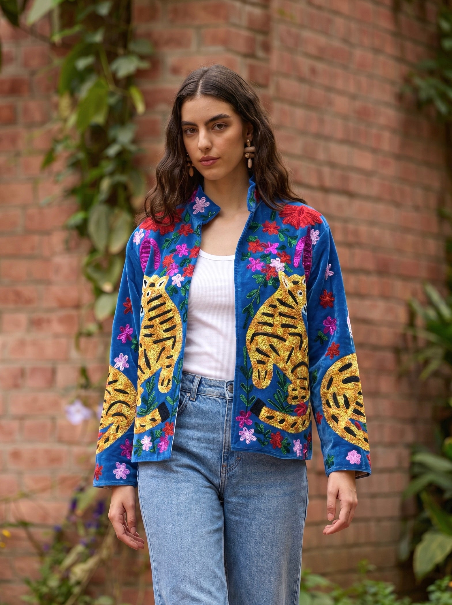 Blue Tiger Garden Embroidered Statement Jacket