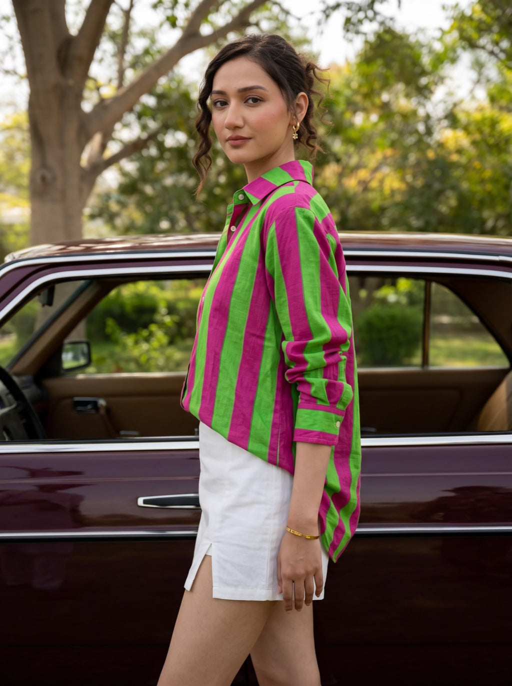 Fuchsia Lime Striped Cotton Shirt