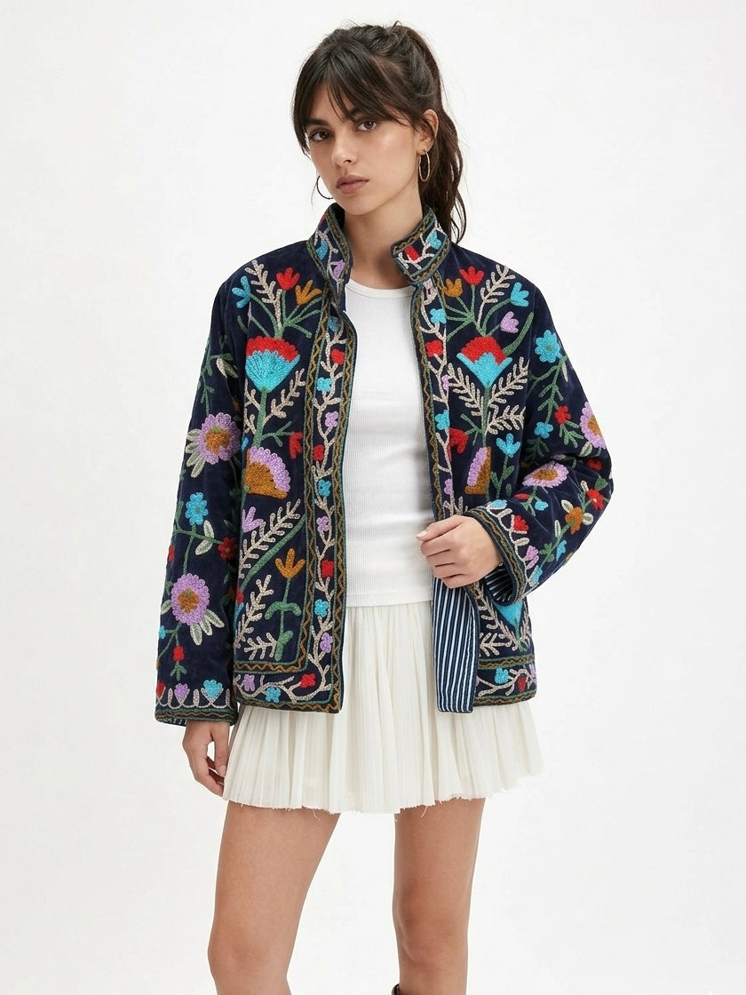 Navy Blue Garden Embroidered Velvet Jacket