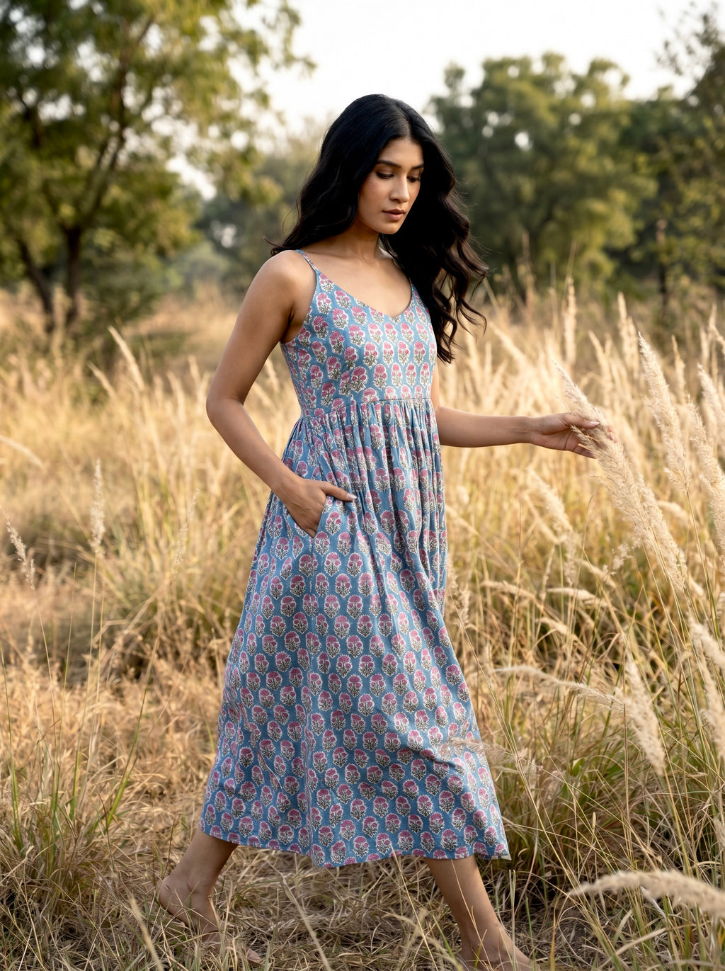 Sky Bloom Cotton Maxi Dress