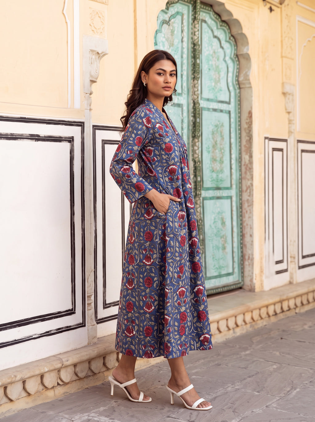 Blue Floral Flare Midi Dress