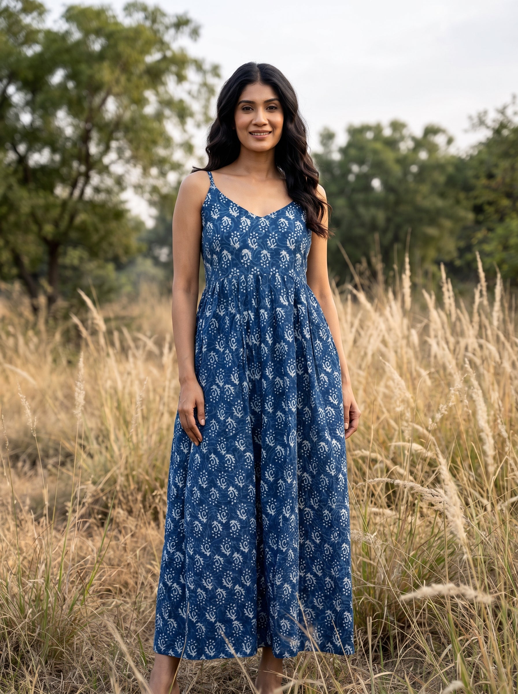 Indigo Handblock Cotton Maxi Dress
