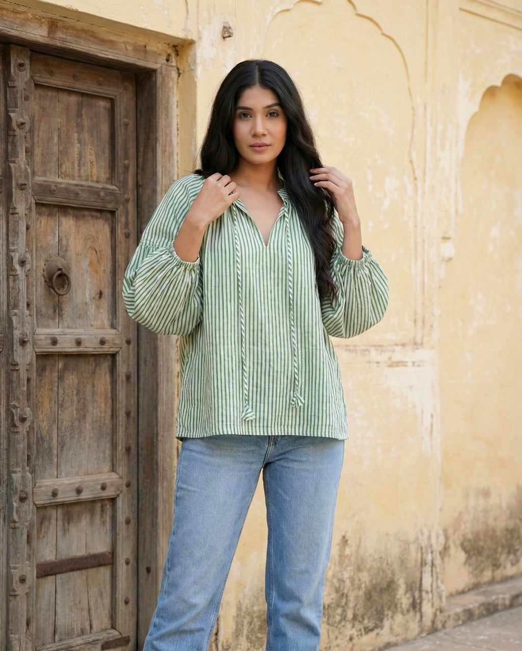 Green Striped Cotton Top with Balloon Sleeves