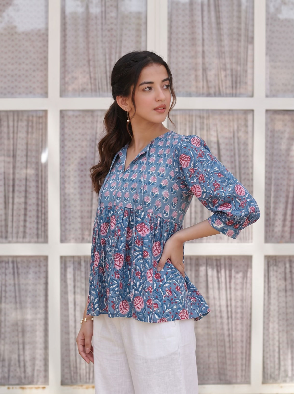 Blue Bloom Handblock Peplum Top