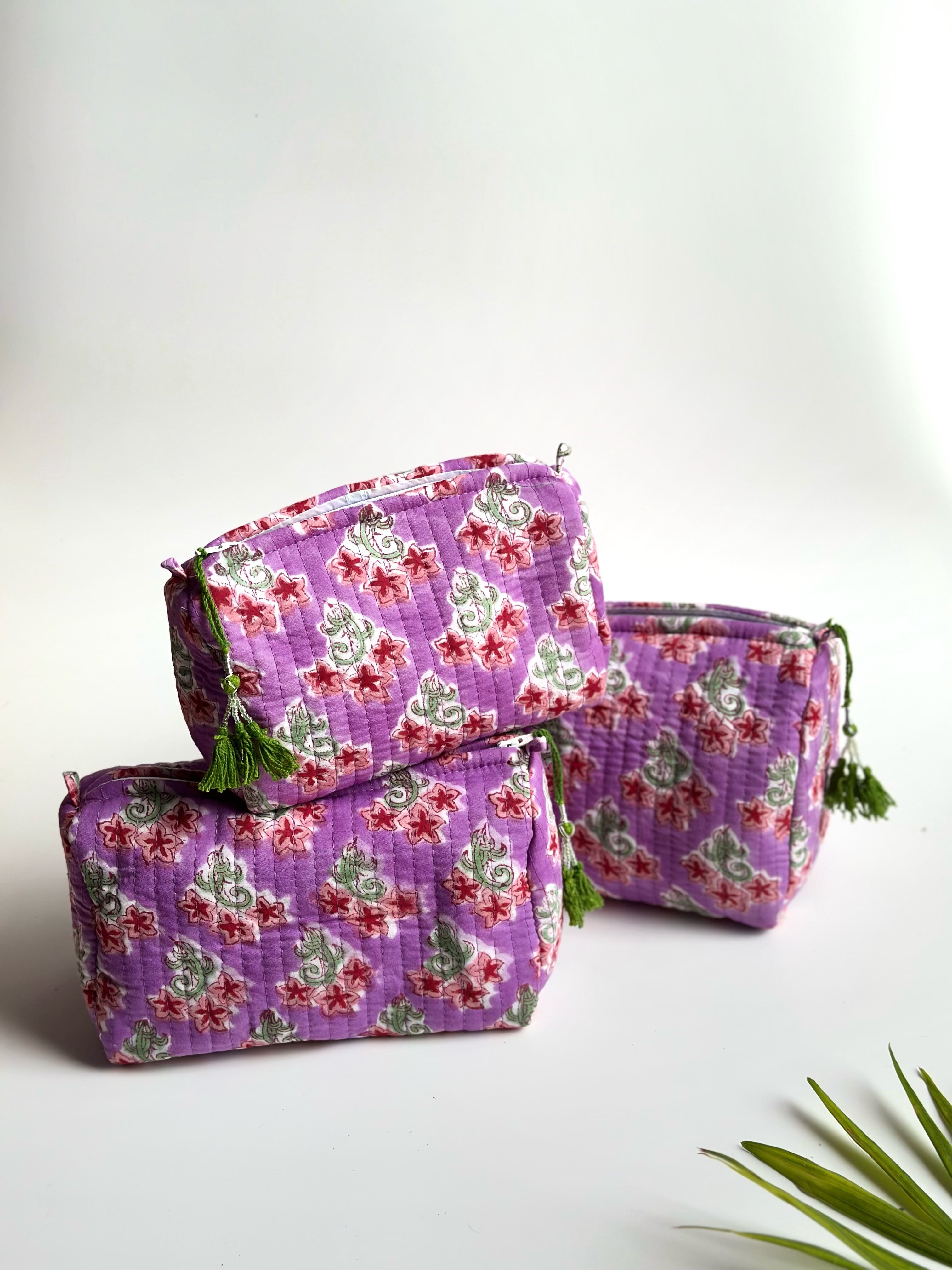 Lavender Meadow Quilted Cosmetic Bag Set of 3