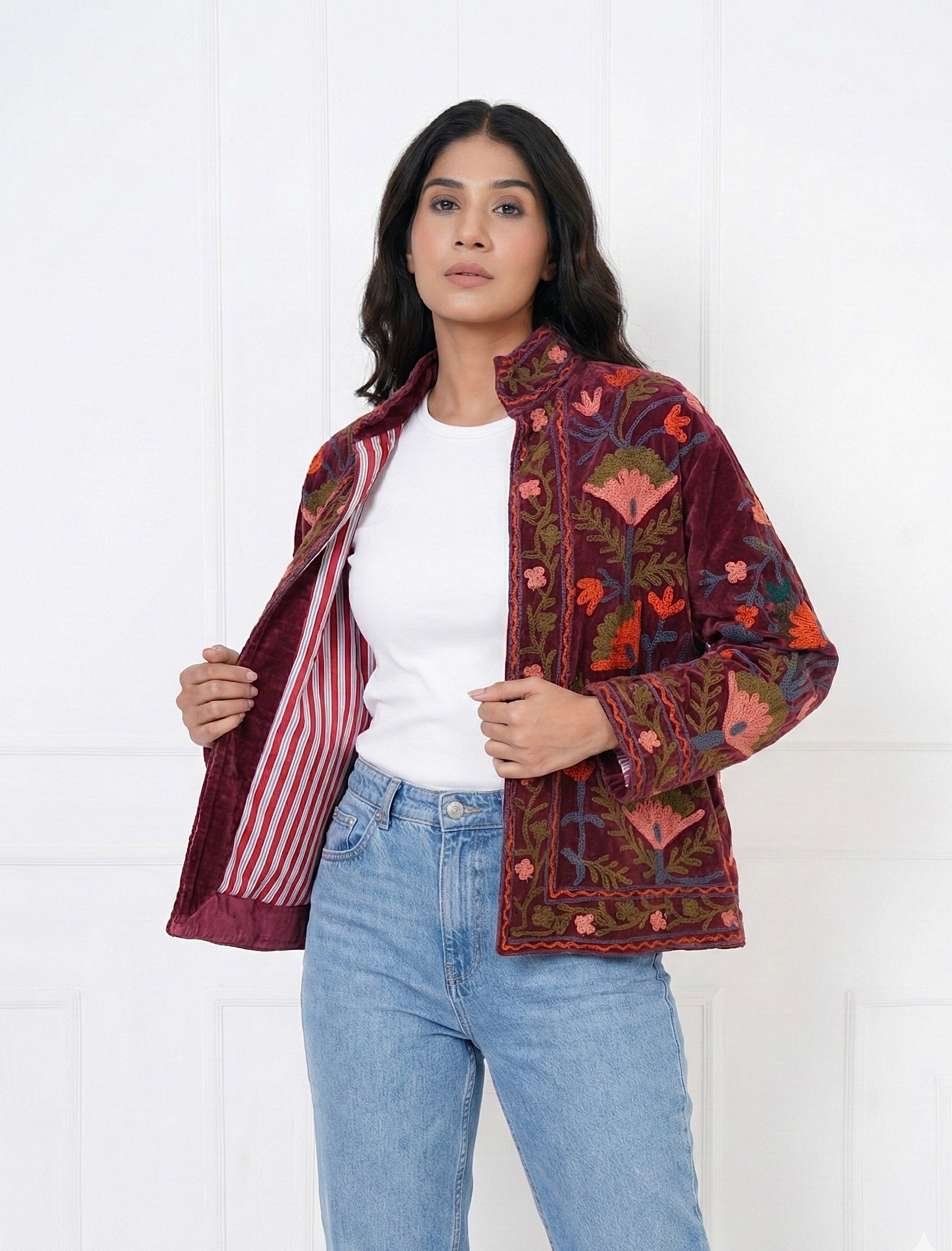 Maroon Embroidered Velvet Jacket with Striped Lining