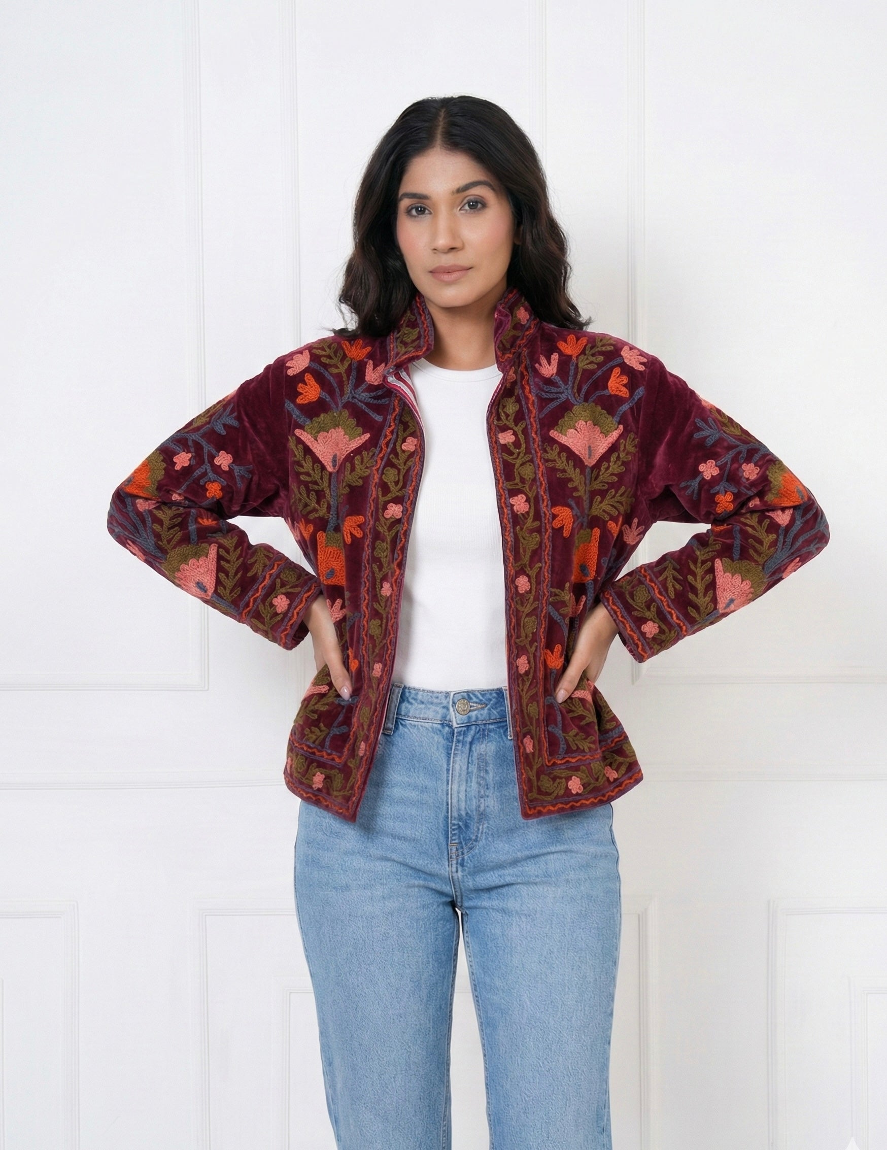 Maroon Embroidered Velvet Jacket with Striped Lining