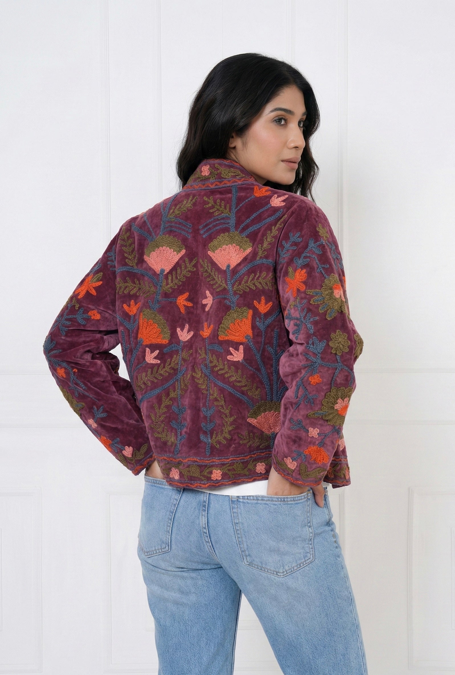 Maroon Embroidered Velvet Jacket with Striped Lining