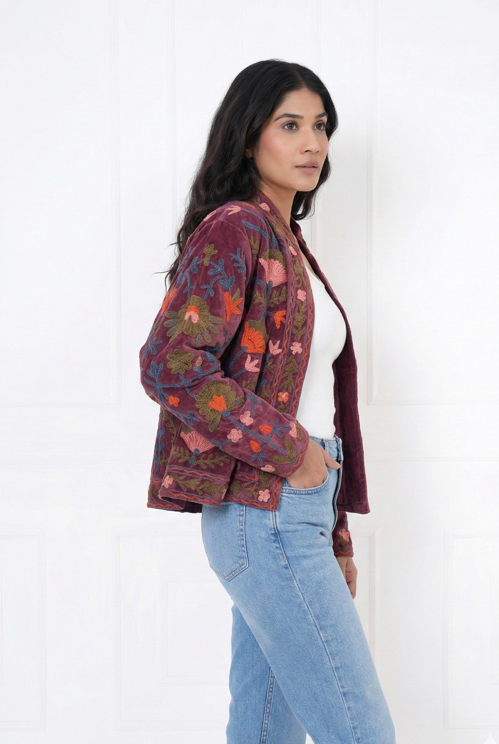 Maroon Embroidered Velvet Jacket with Striped Lining