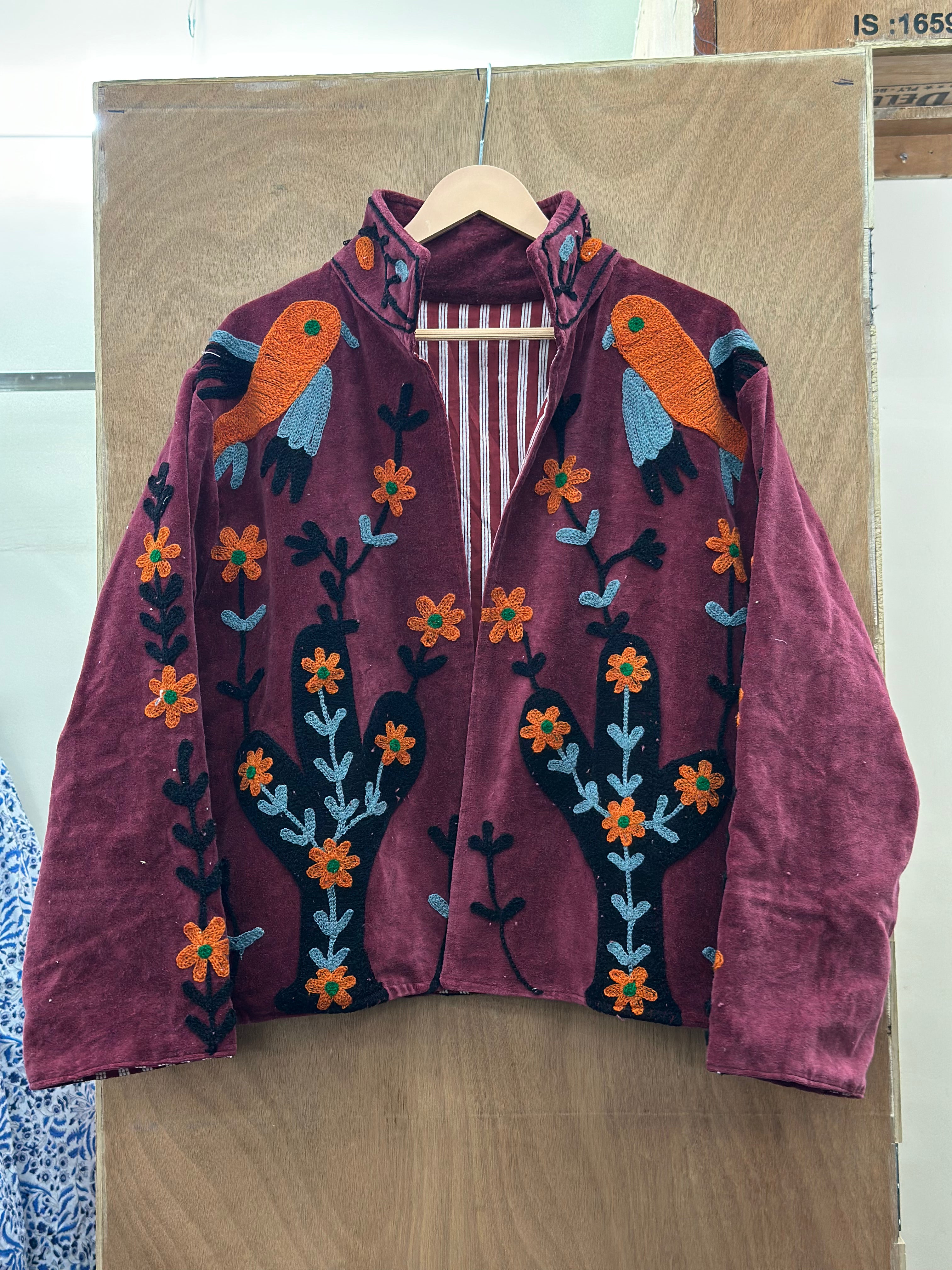 Maroon Velvet Parrot Embroidered Statement Jacket