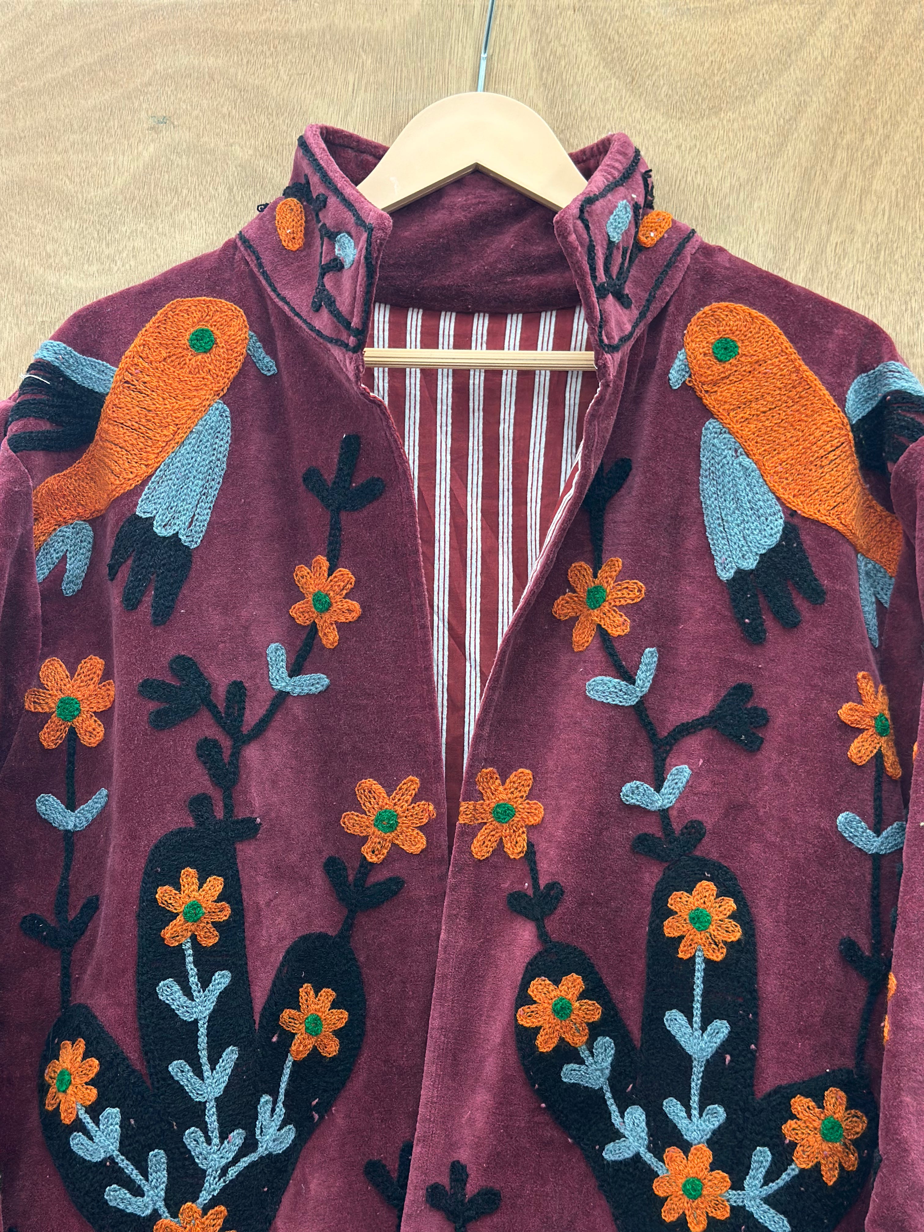 Maroon Velvet Parrot Embroidered Statement Jacket