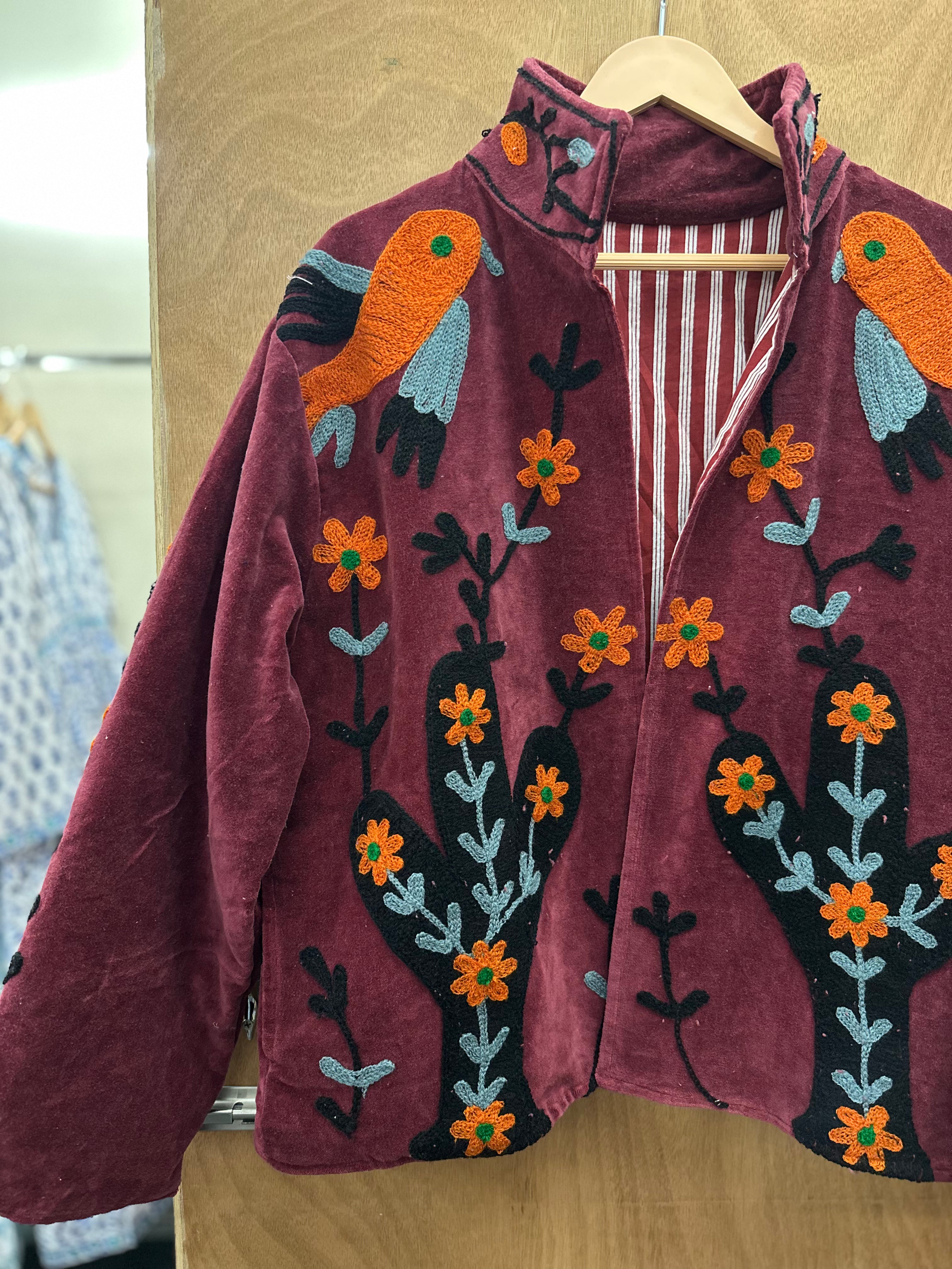 Maroon Velvet Parrot Embroidered Statement Jacket