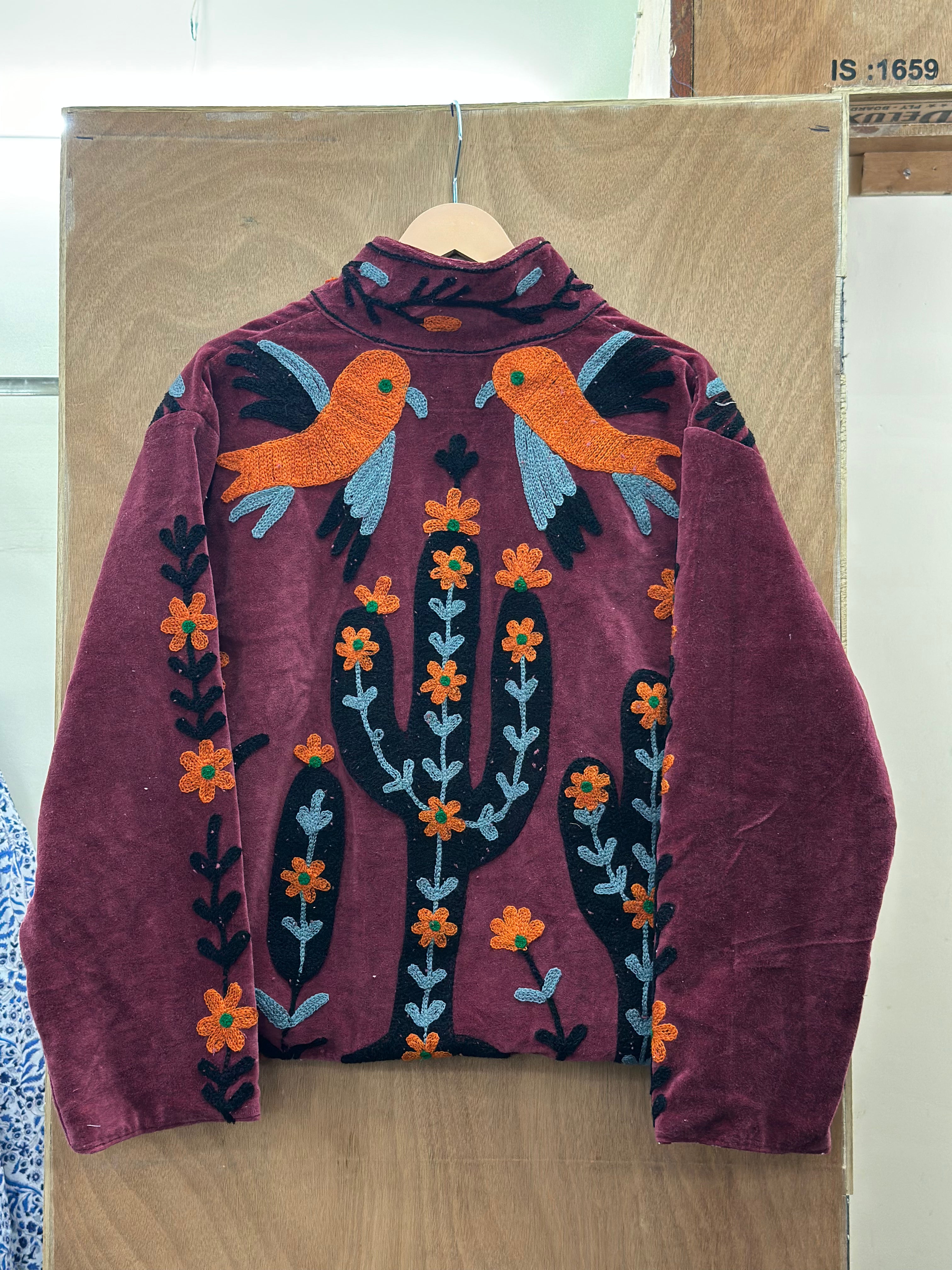 Maroon Velvet Parrot Embroidered Statement Jacket