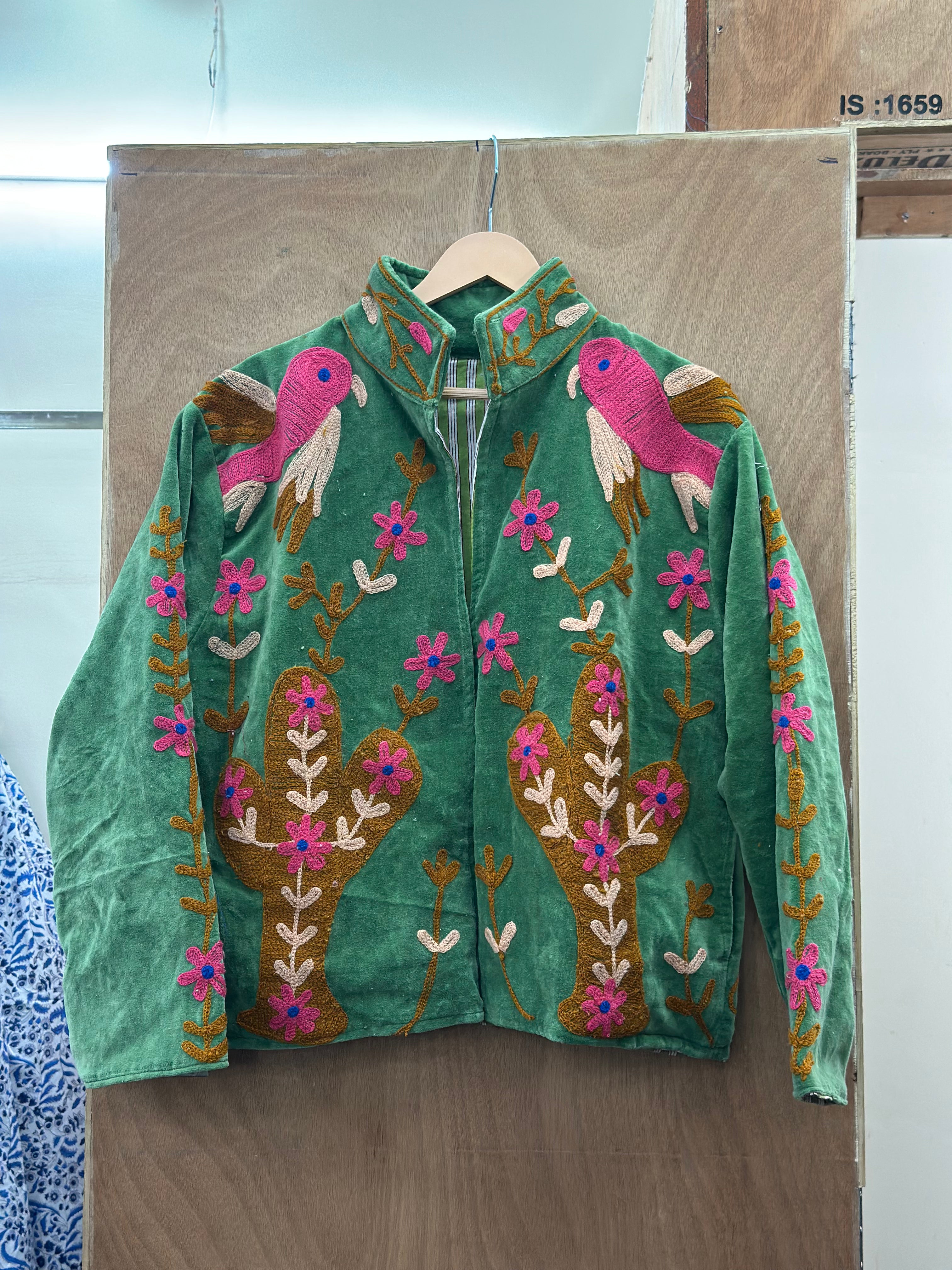 Green Velvet Parrot Embroidered Statement Jacket