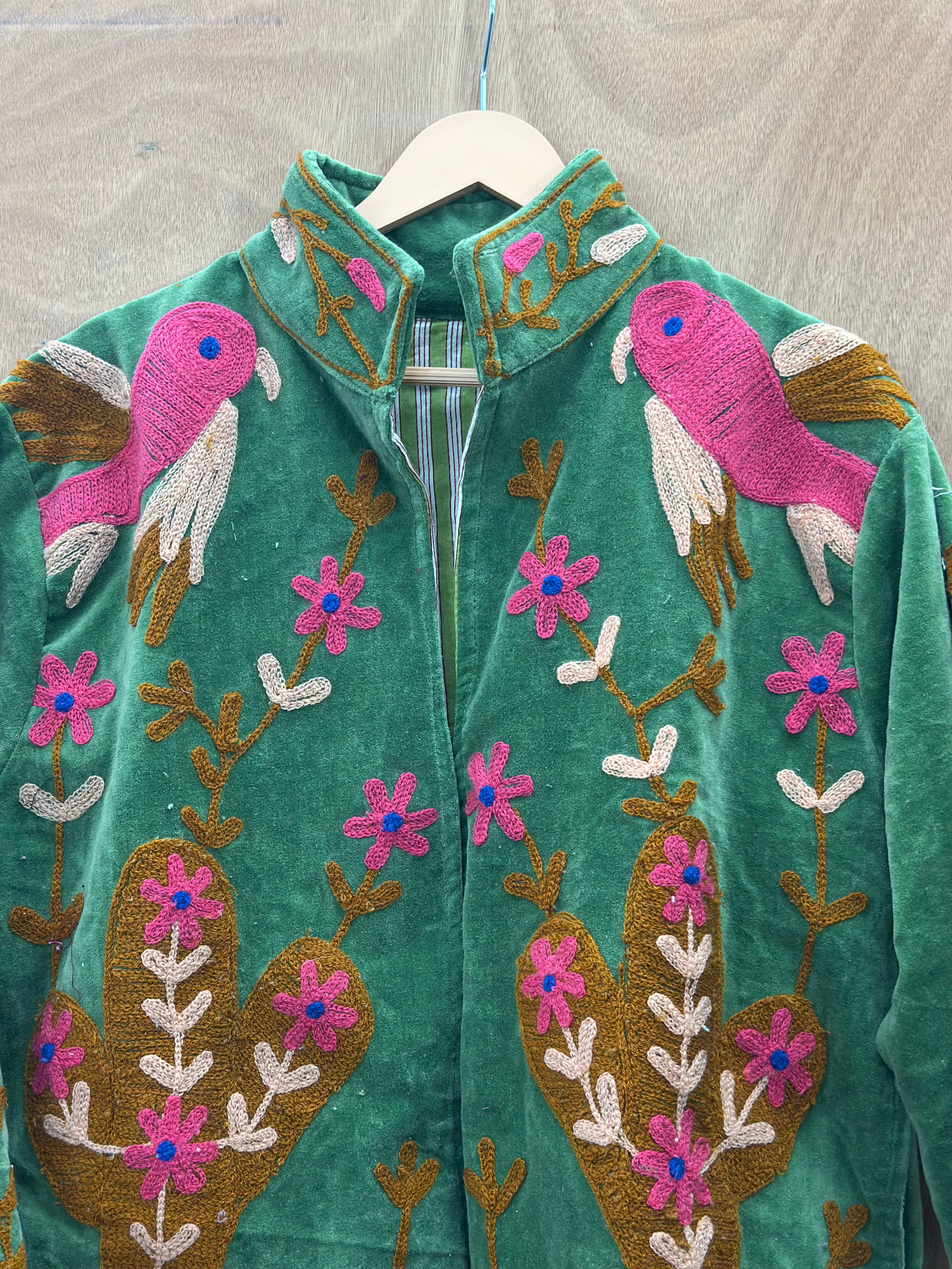 Green Velvet Parrot Embroidered Statement Jacket