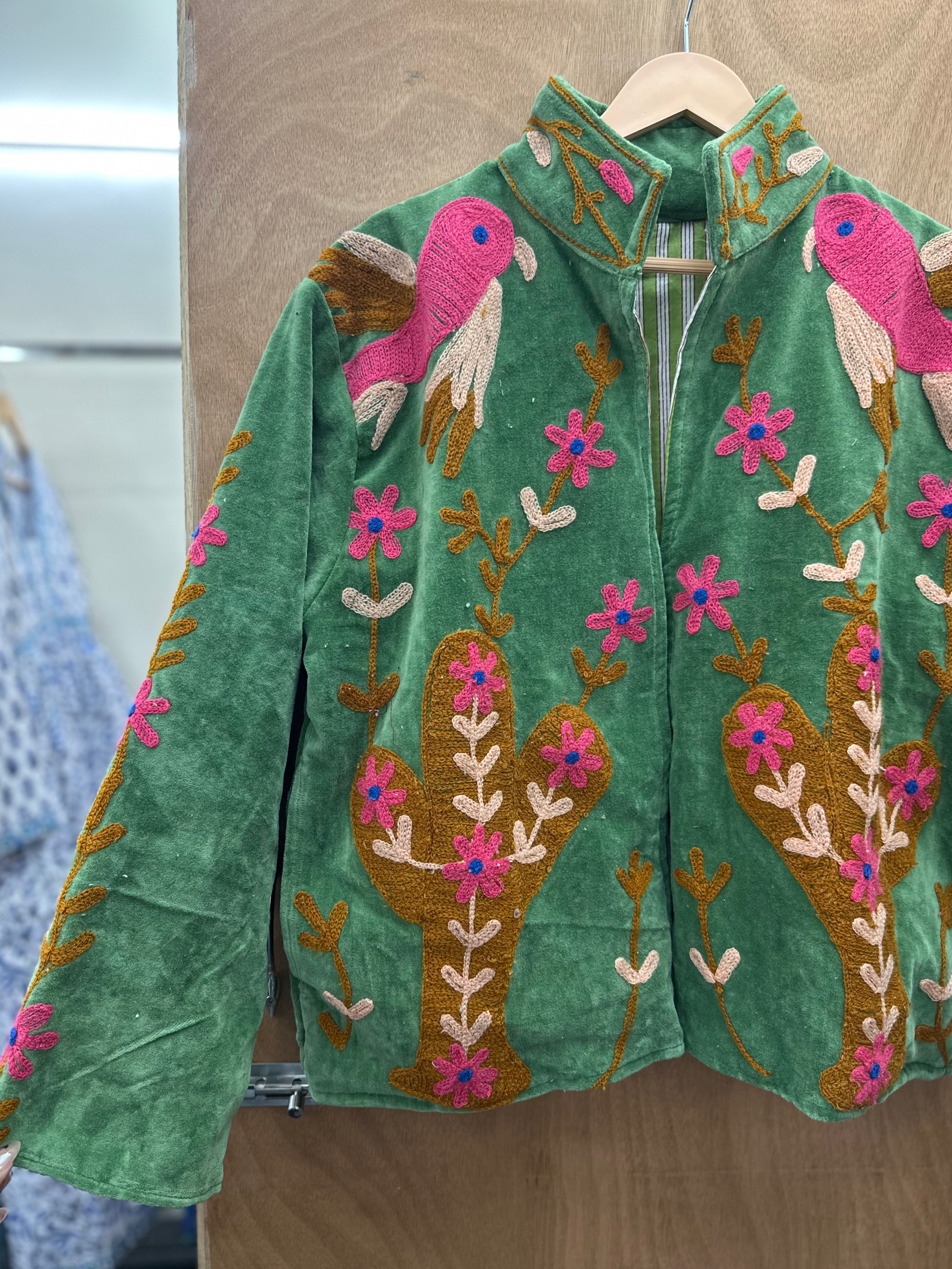 Green Velvet Parrot Embroidered Statement Jacket