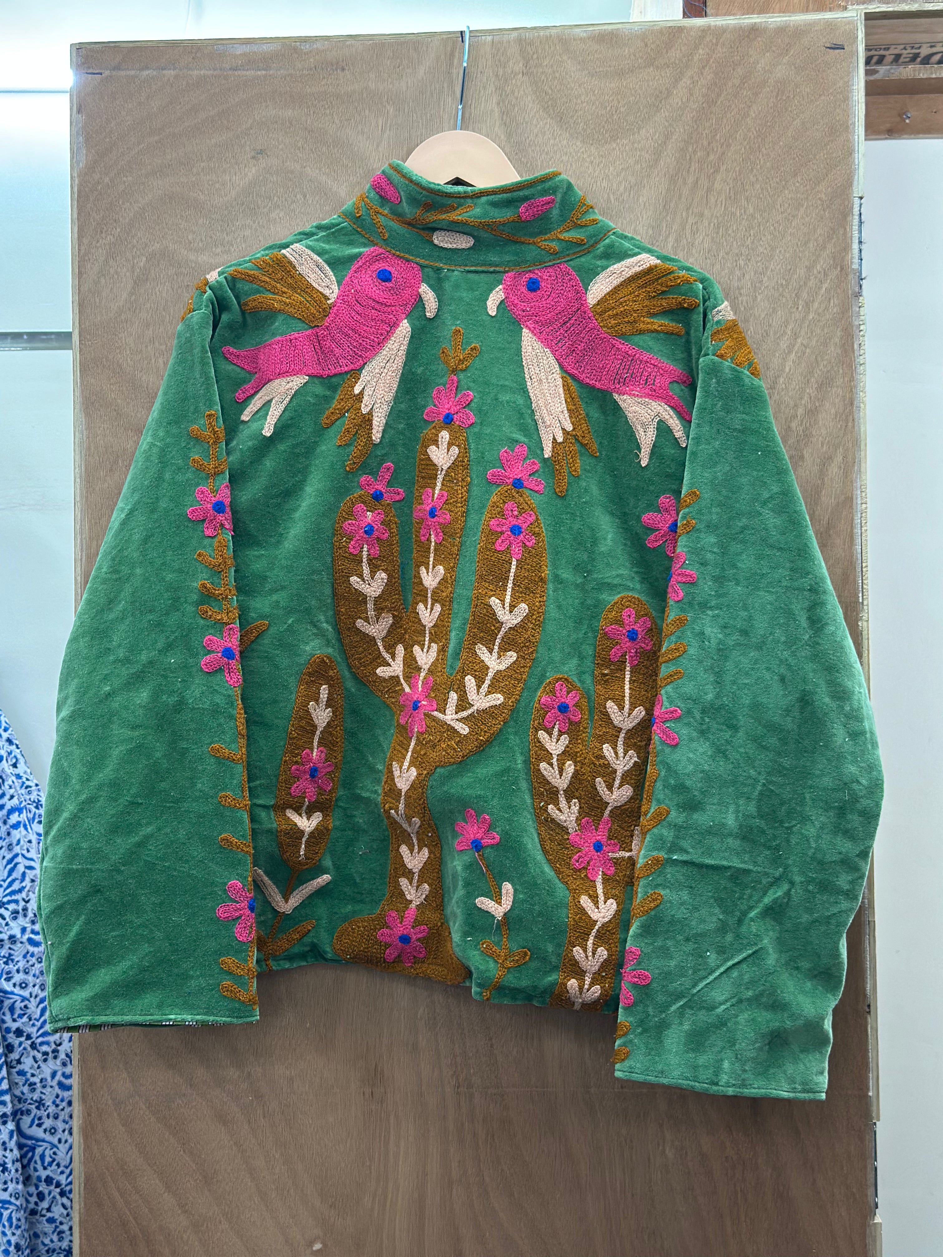 Green Velvet Parrot Embroidered Statement Jacket