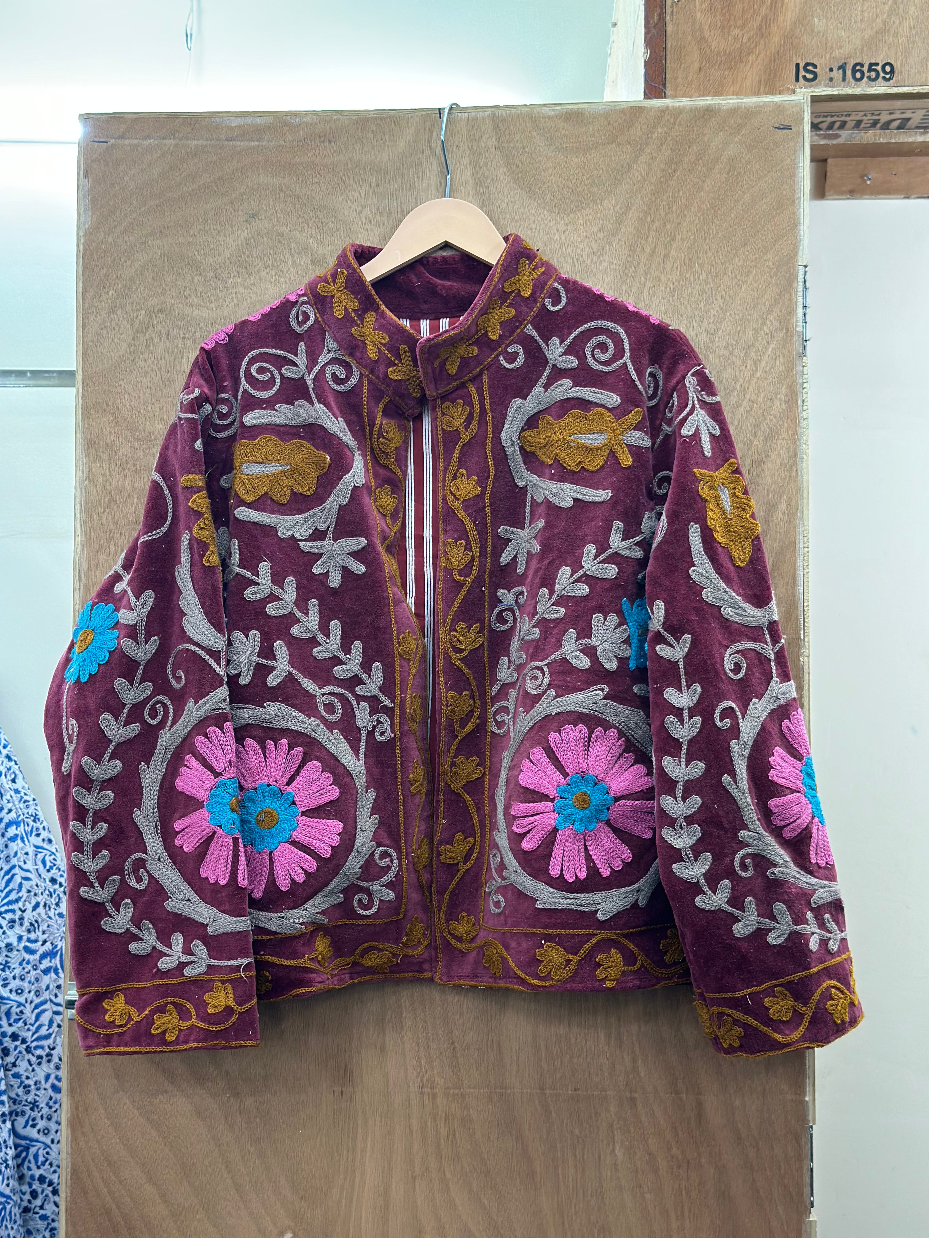 Maroon Floral Suzani Embroidered Statement Jacket