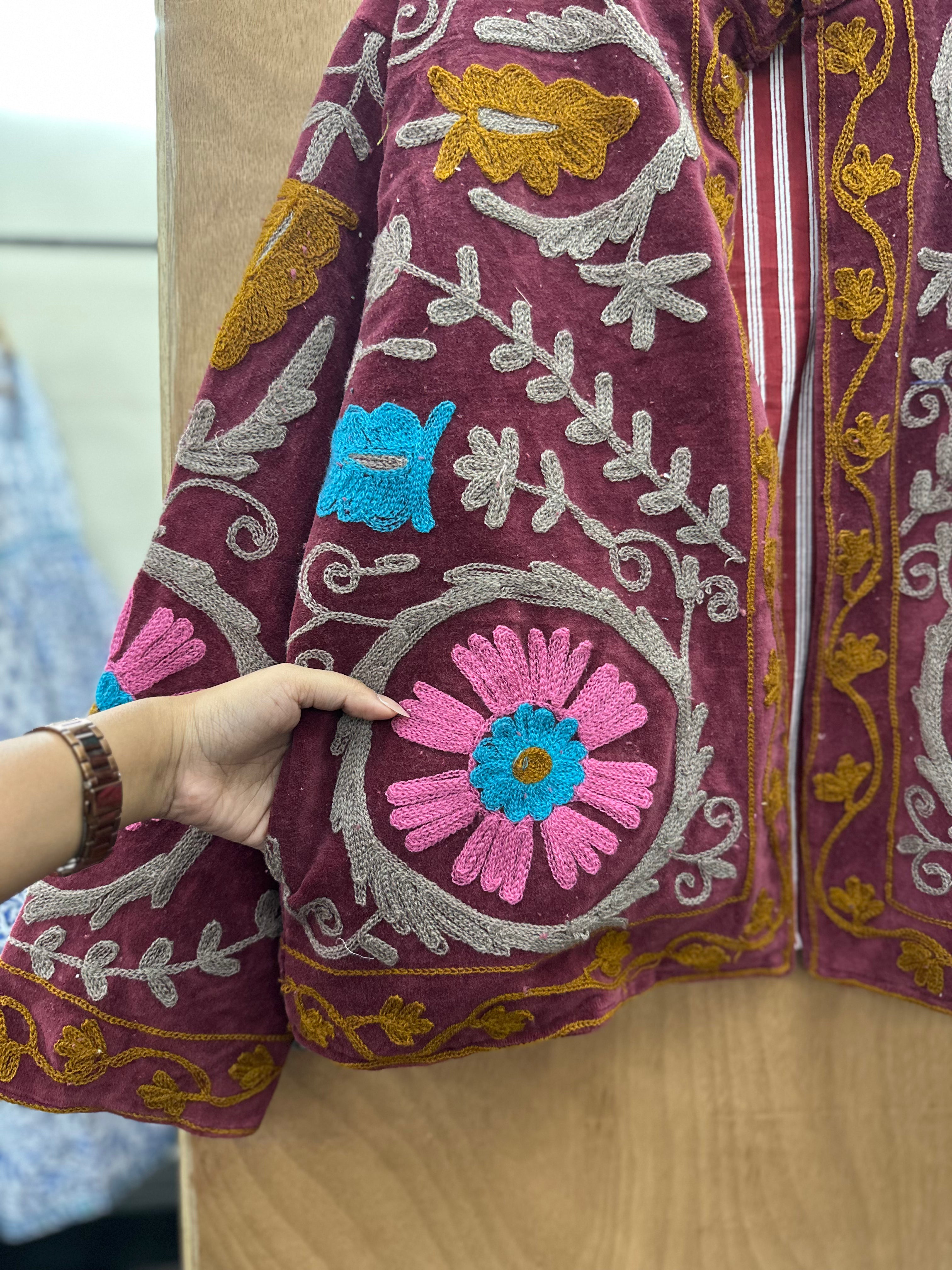 Maroon Floral Suzani Embroidered Statement Jacket