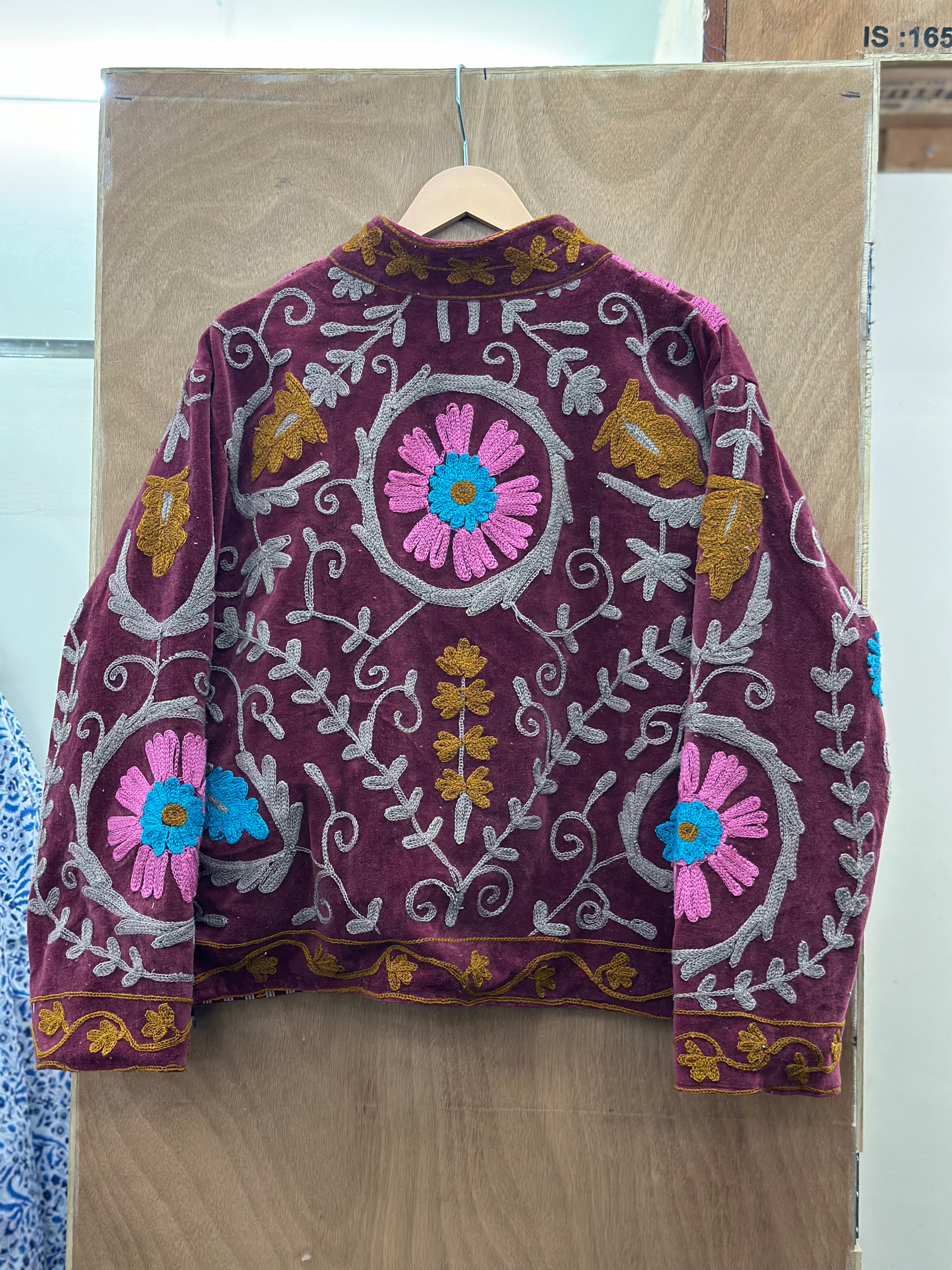 Maroon Floral Suzani Embroidered Statement Jacket