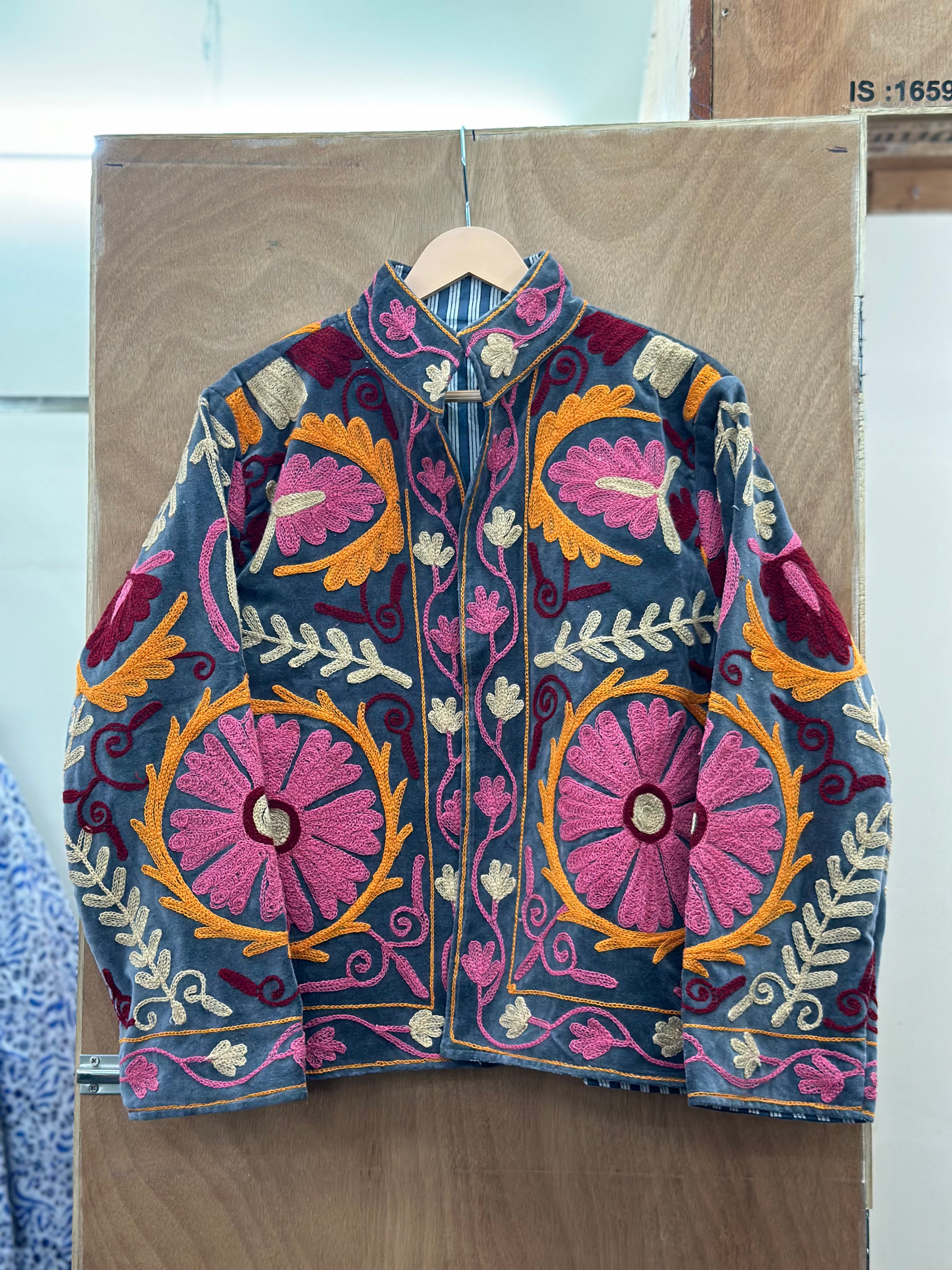 Grey Velvet Embroidered Statement Jacket