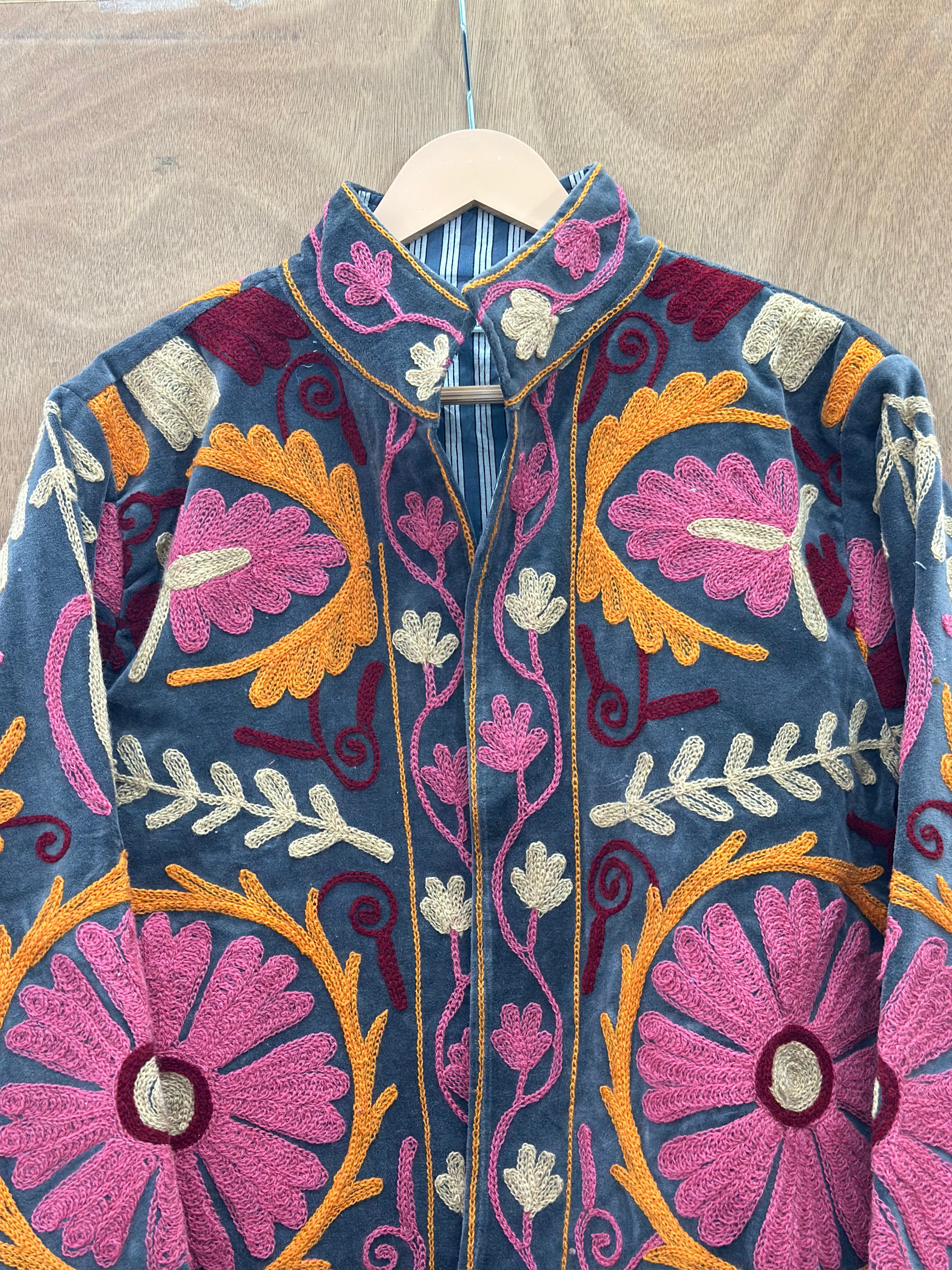 Grey Velvet Embroidered Statement Jacket