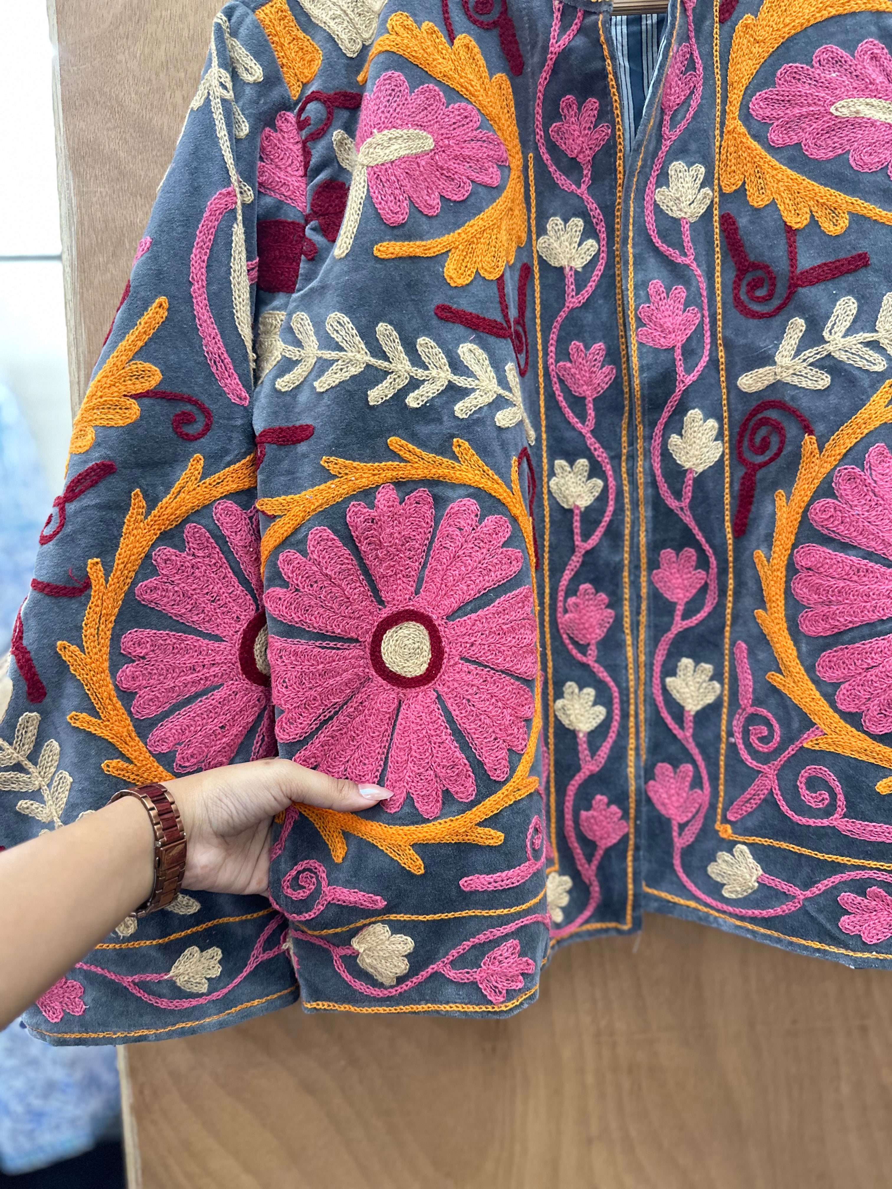 Grey Velvet Embroidered Statement Jacket