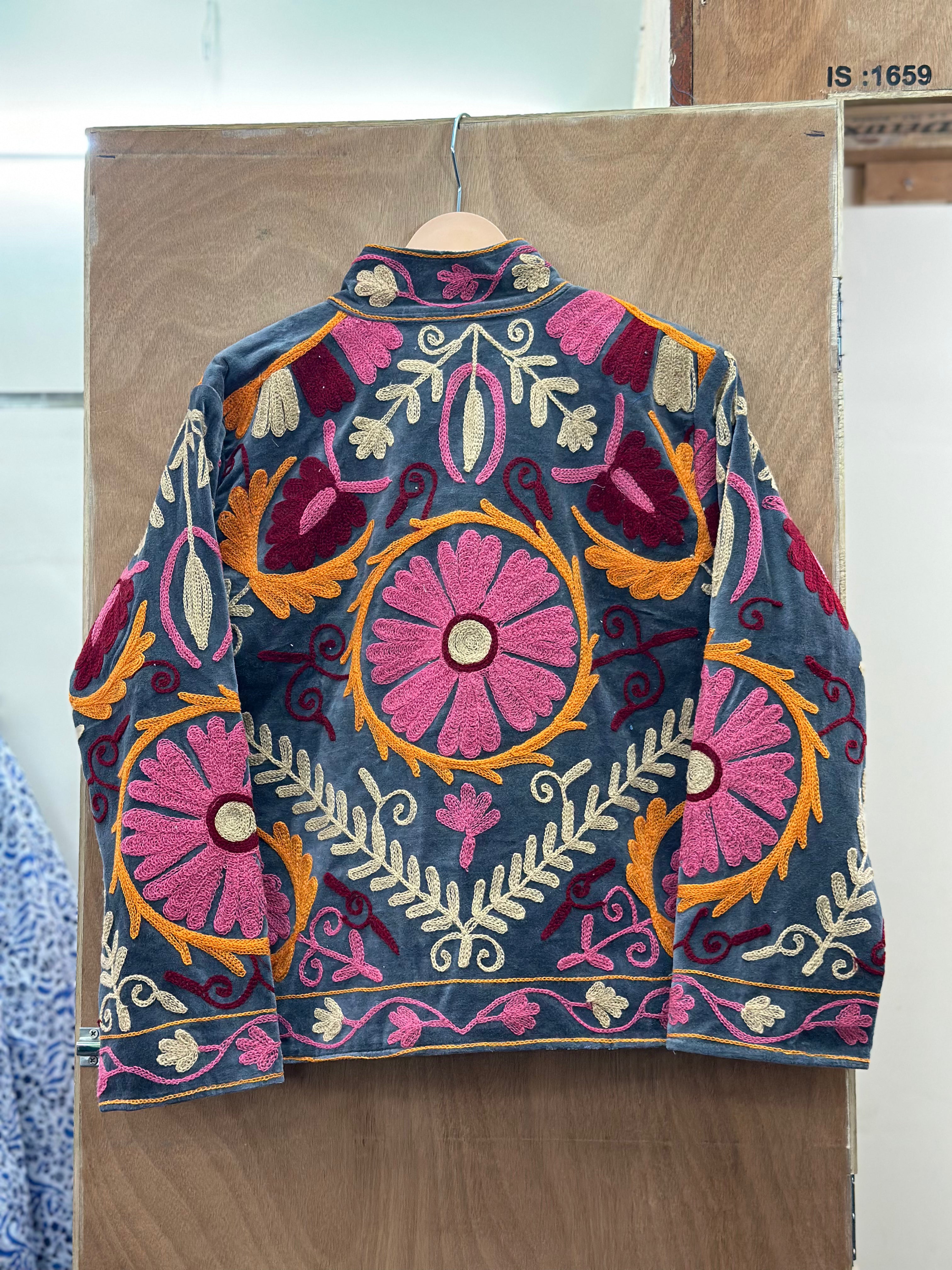 Grey Velvet Embroidered Statement Jacket