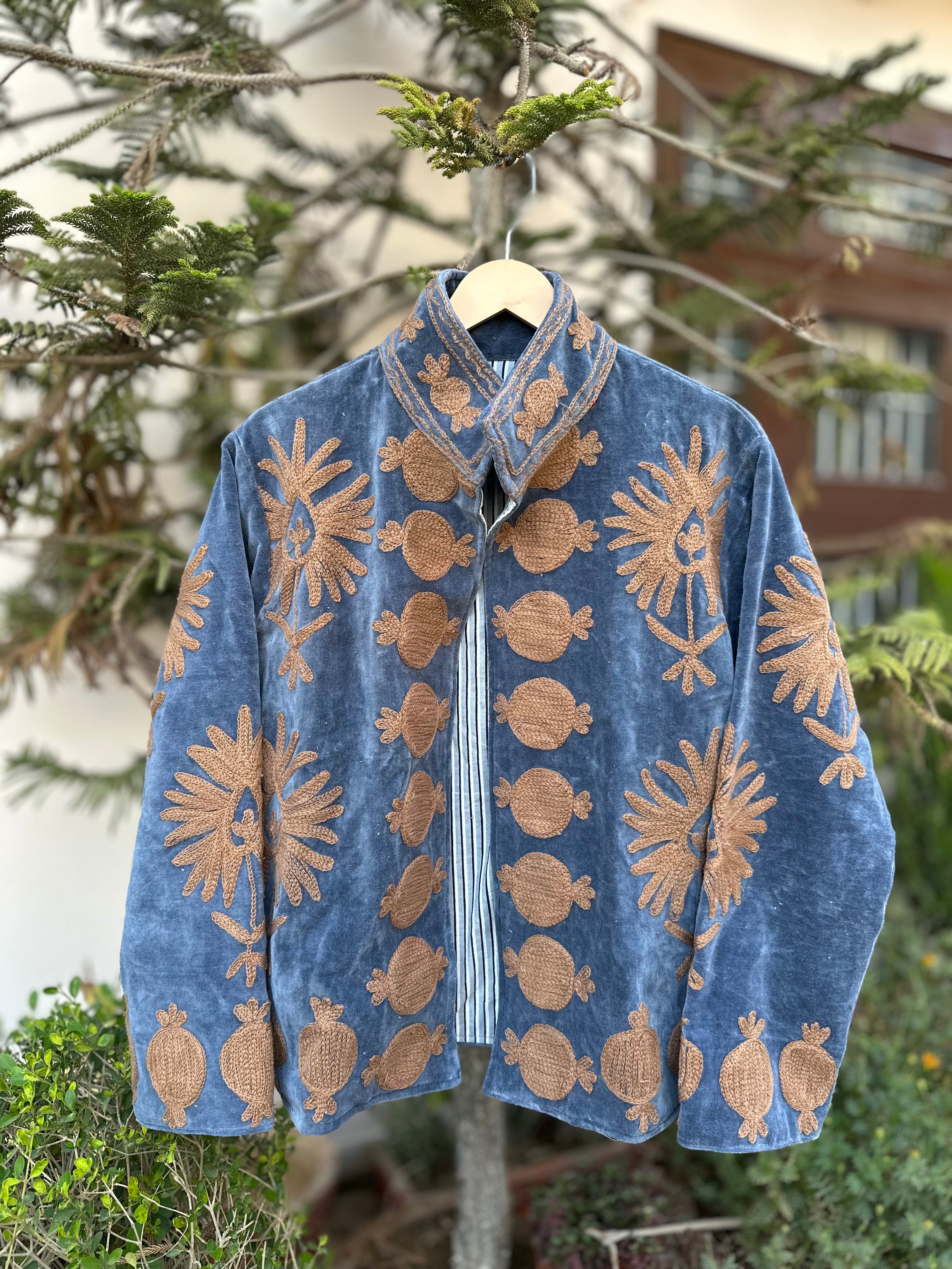 Dusty Blue Velvet Pomegranate & Floral Motif Jacket