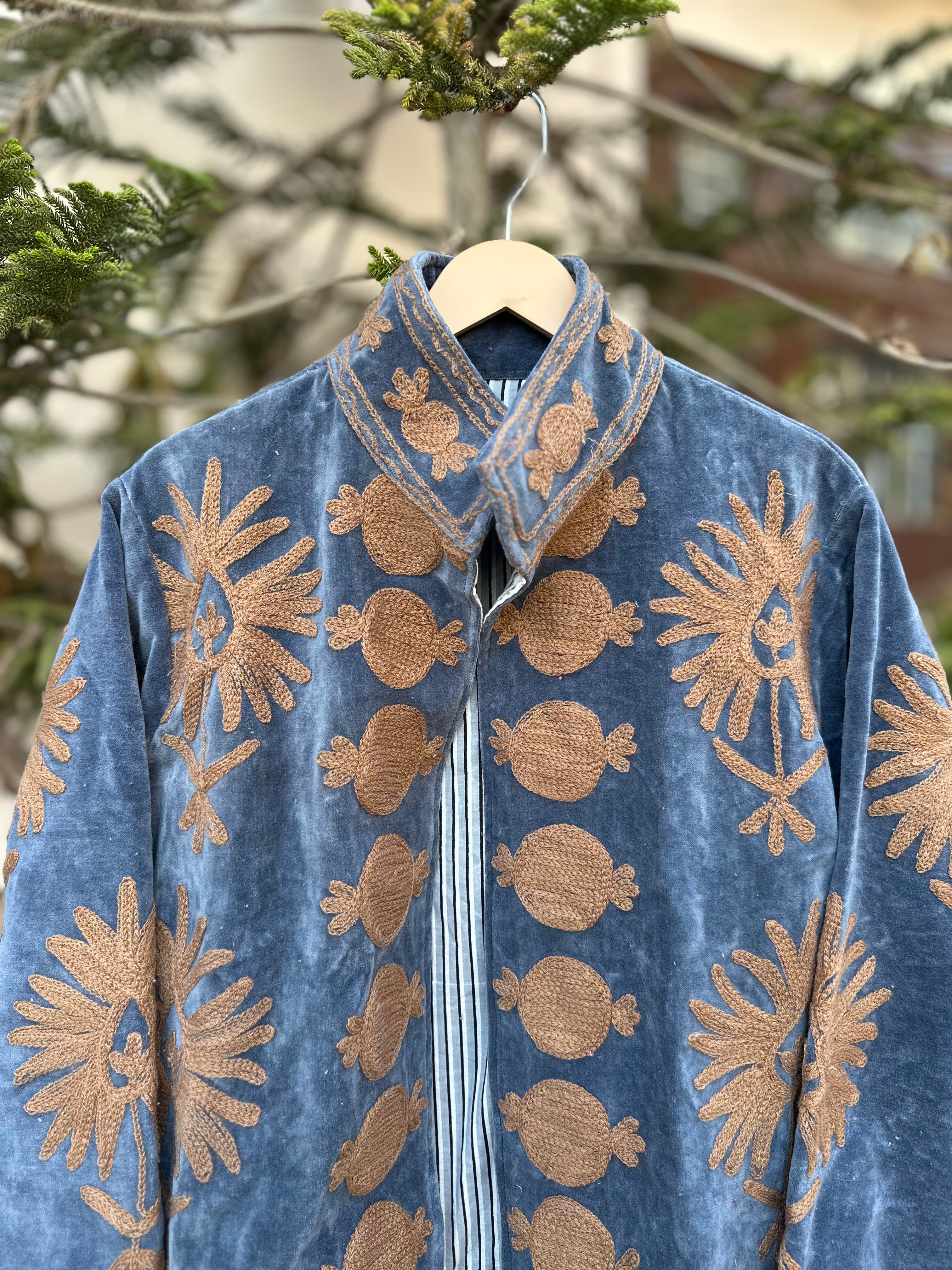 Dusty Blue Velvet Pomegranate & Floral Motif Jacket