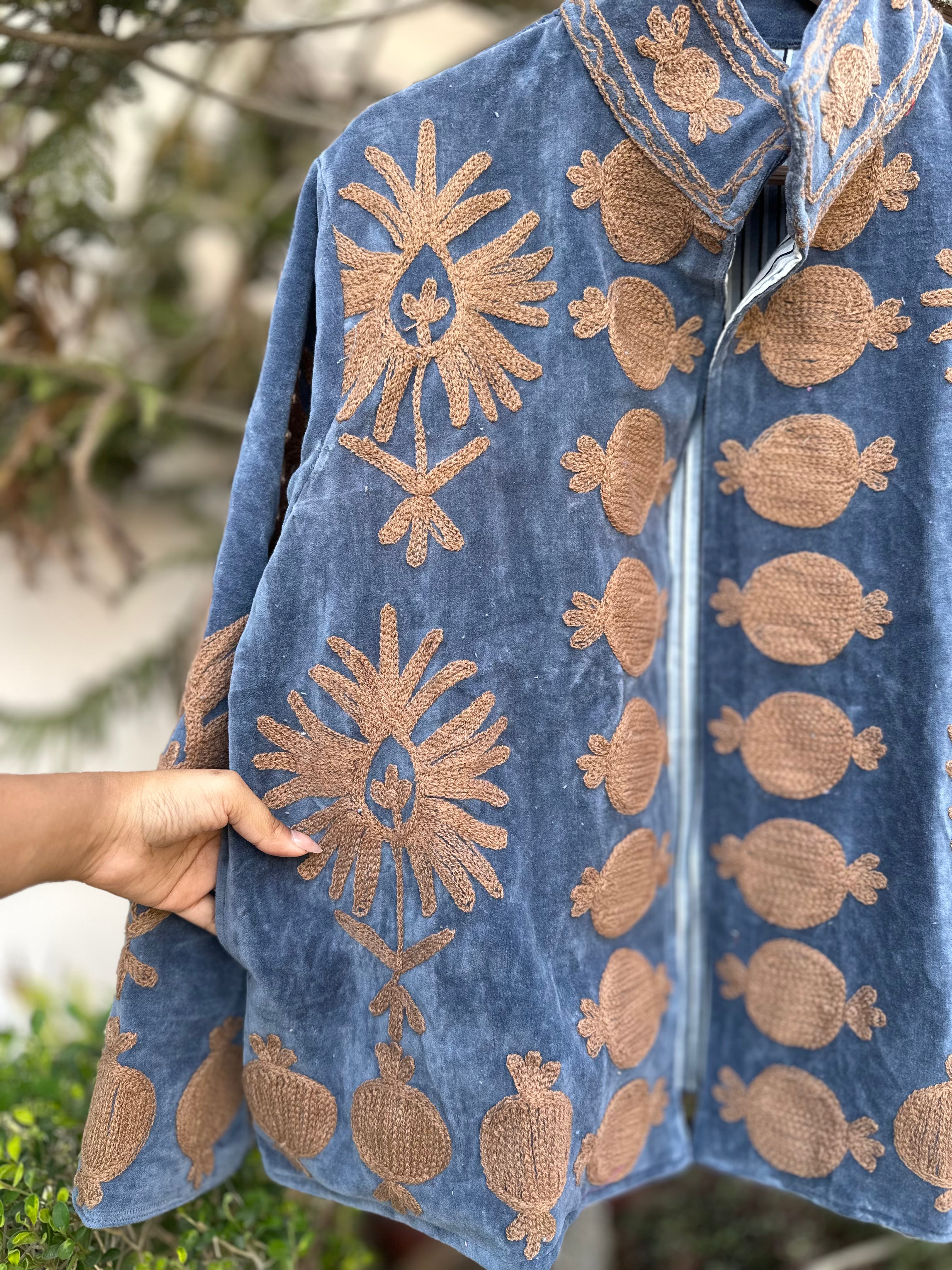 Dusty Blue Velvet Pomegranate & Floral Motif Jacket