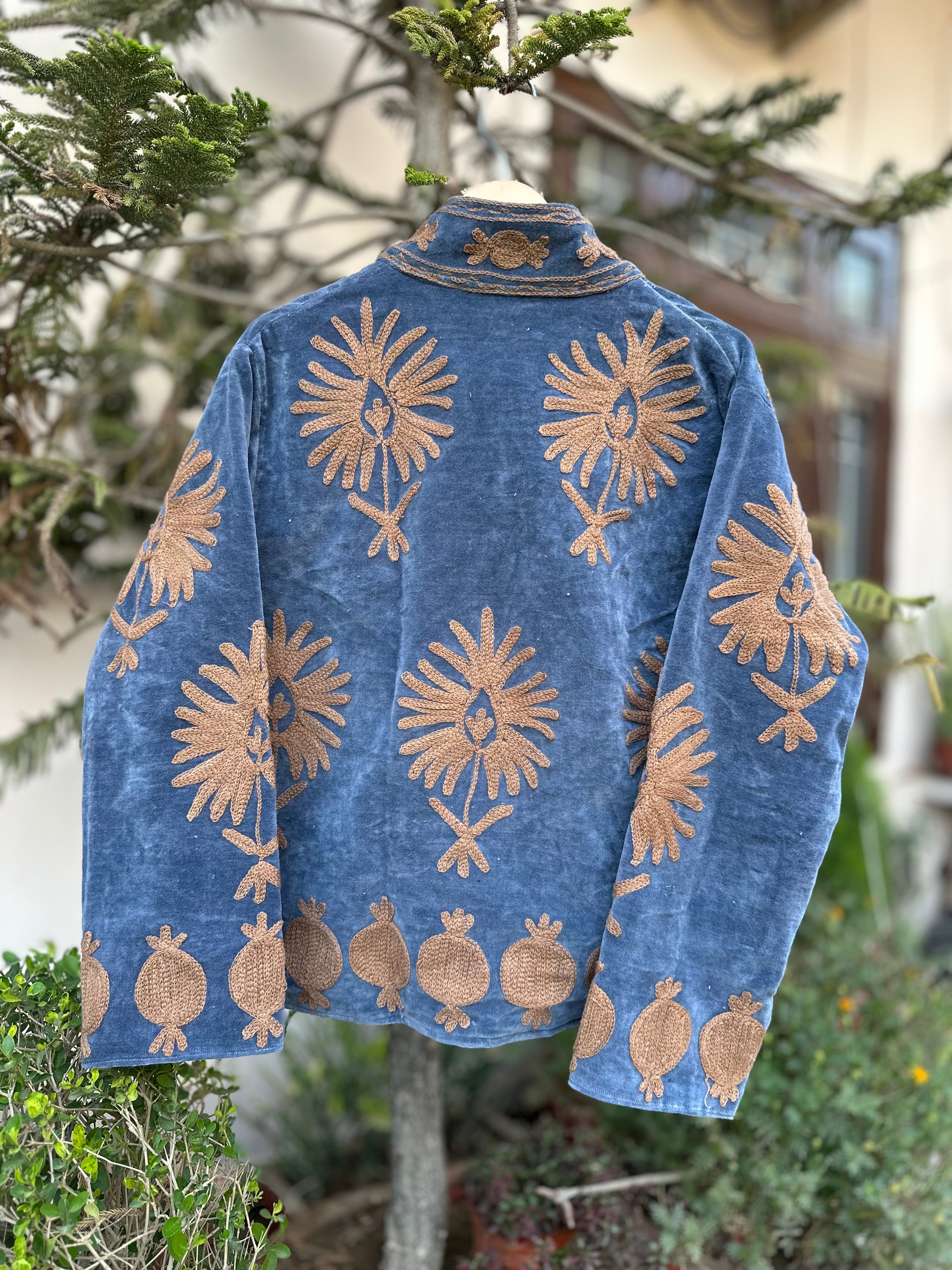 Dusty Blue Velvet Pomegranate & Floral Motif Jacket